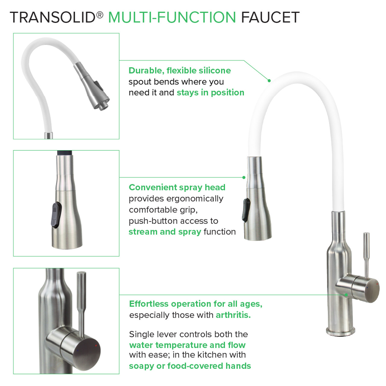 Transolid Kitchen/Laundry Faucet with Dual Spray, Flex Neck, 1.8 GPM, and Garden Hose Adapter in White