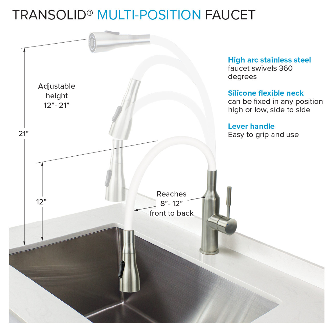 Transolid Kitchen/Laundry Faucet with Dual Spray, Flex Neck, 1.8 GPM, and Garden Hose Adapter in White