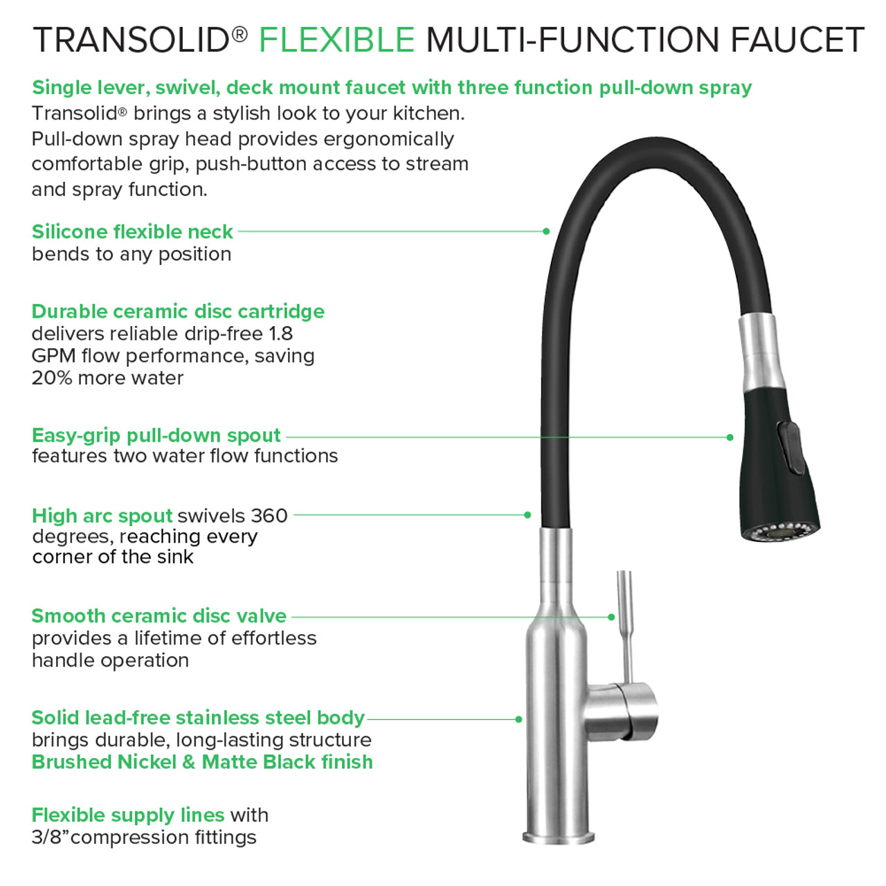 Transolid Kitchen/Laundry Faucet with Dual Spray, Flex Neck, 1.8 GPM, and Garden Hose Adapter in Brushed Nickle/Matte Black