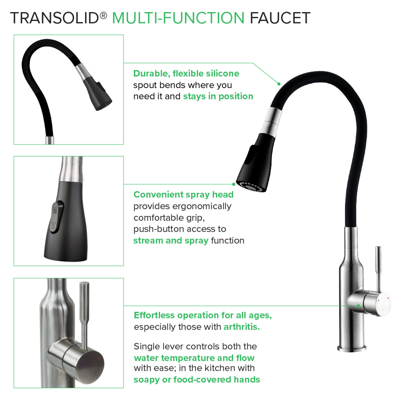 Transolid Kitchen/Laundry Faucet with Dual Spray, Flex Neck, 1.8 GPM, and Garden Hose Adapter in Brushed Nickle/Matte Black