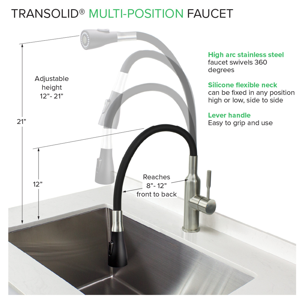 Transolid Kitchen/Laundry Faucet with Dual Spray, Flex Neck, 1.8 GPM, and Garden Hose Adapter in Brushed Nickle/Matte Black