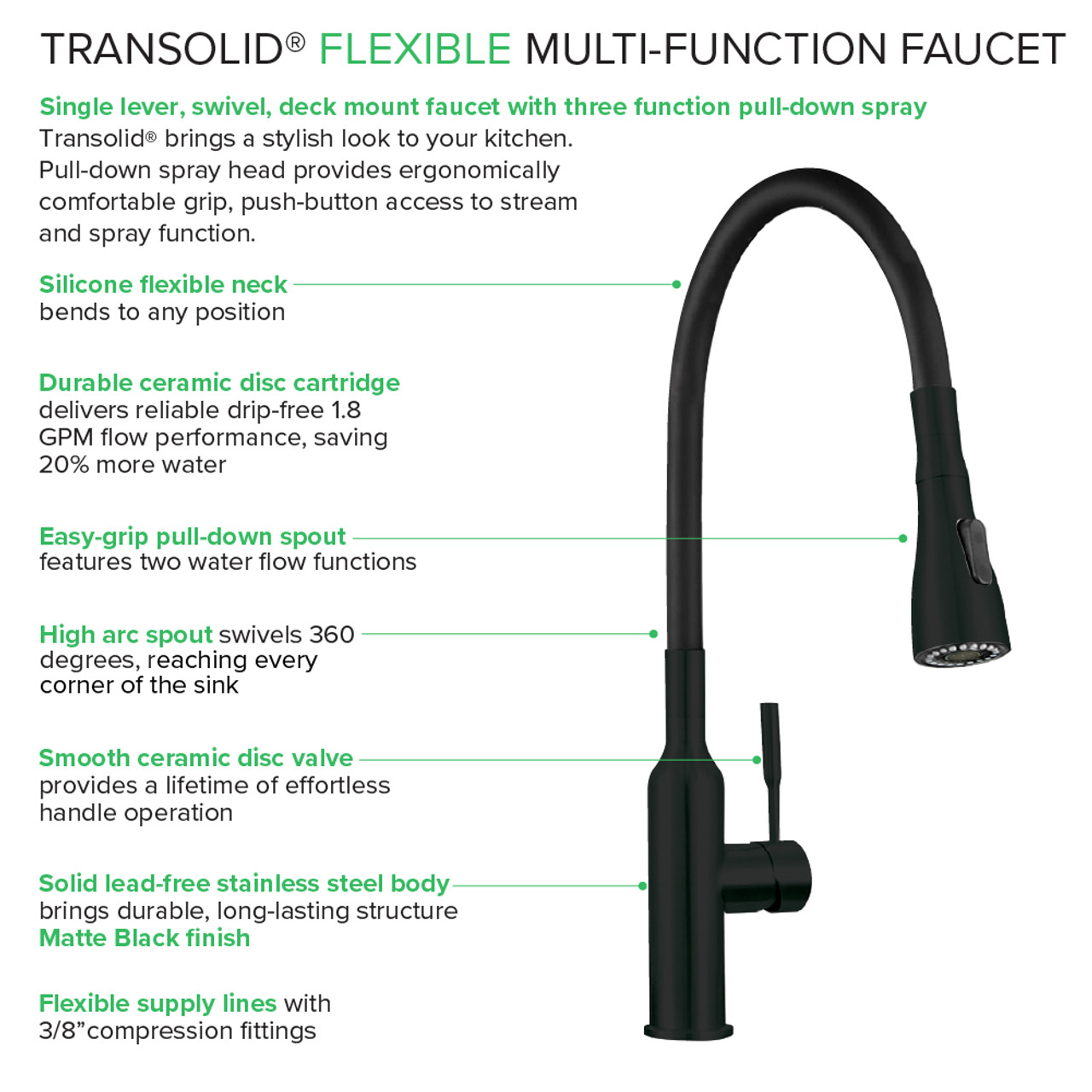 Transolid Kitchen/Laundry Faucet with Dual Spray, Flex Neck, 1.8 GPM, and Garden Hose Adapter in Matte Black