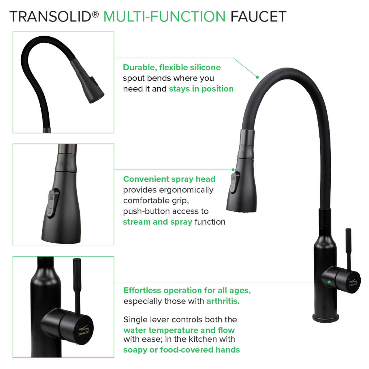 Transolid Kitchen/Laundry Faucet with Dual Spray, Flex Neck, 1.8 GPM, and Garden Hose Adapter in Matte Black