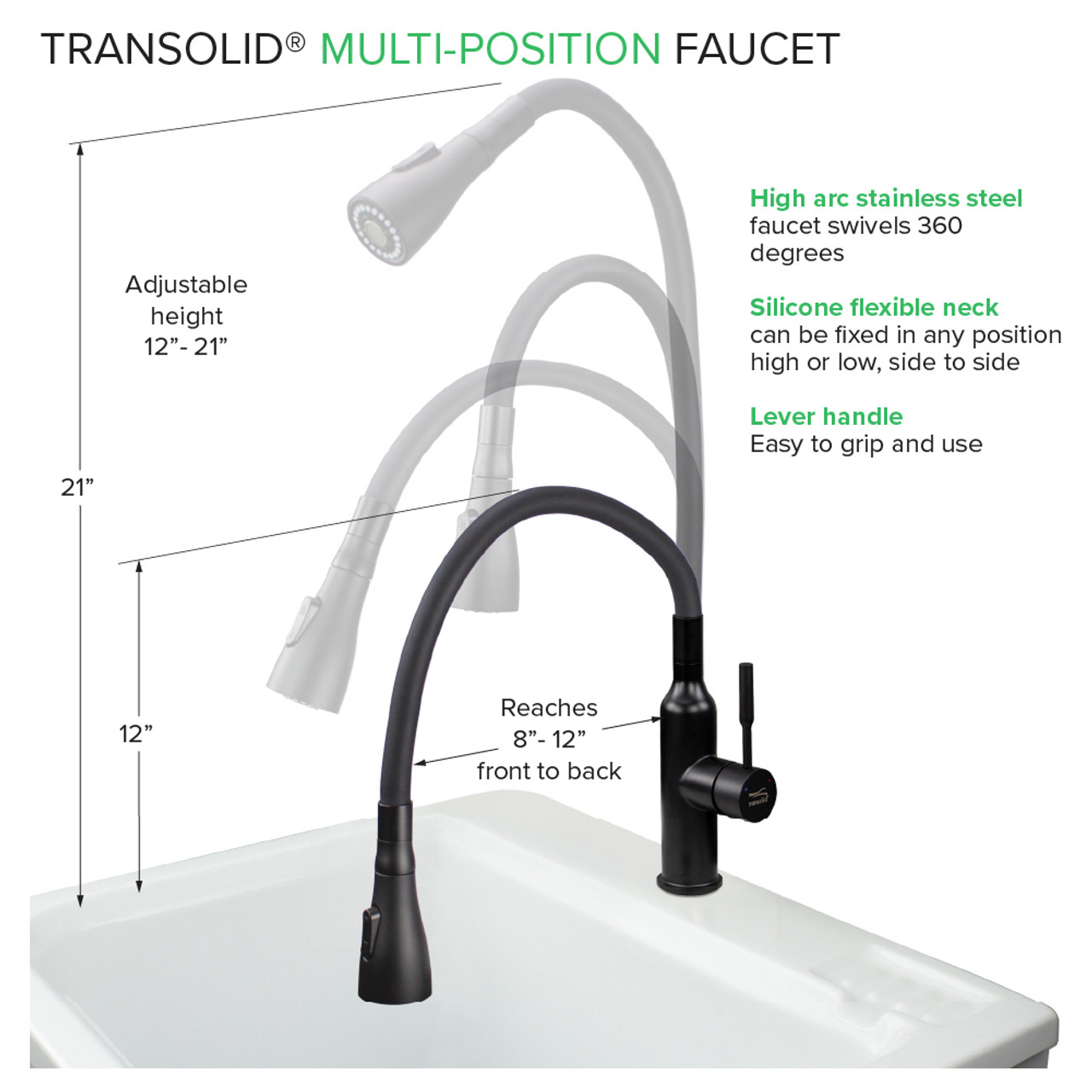 Transolid Kitchen/Laundry Faucet with Dual Spray, Flex Neck, 1.8 GPM, and Garden Hose Adapter in Matte Black