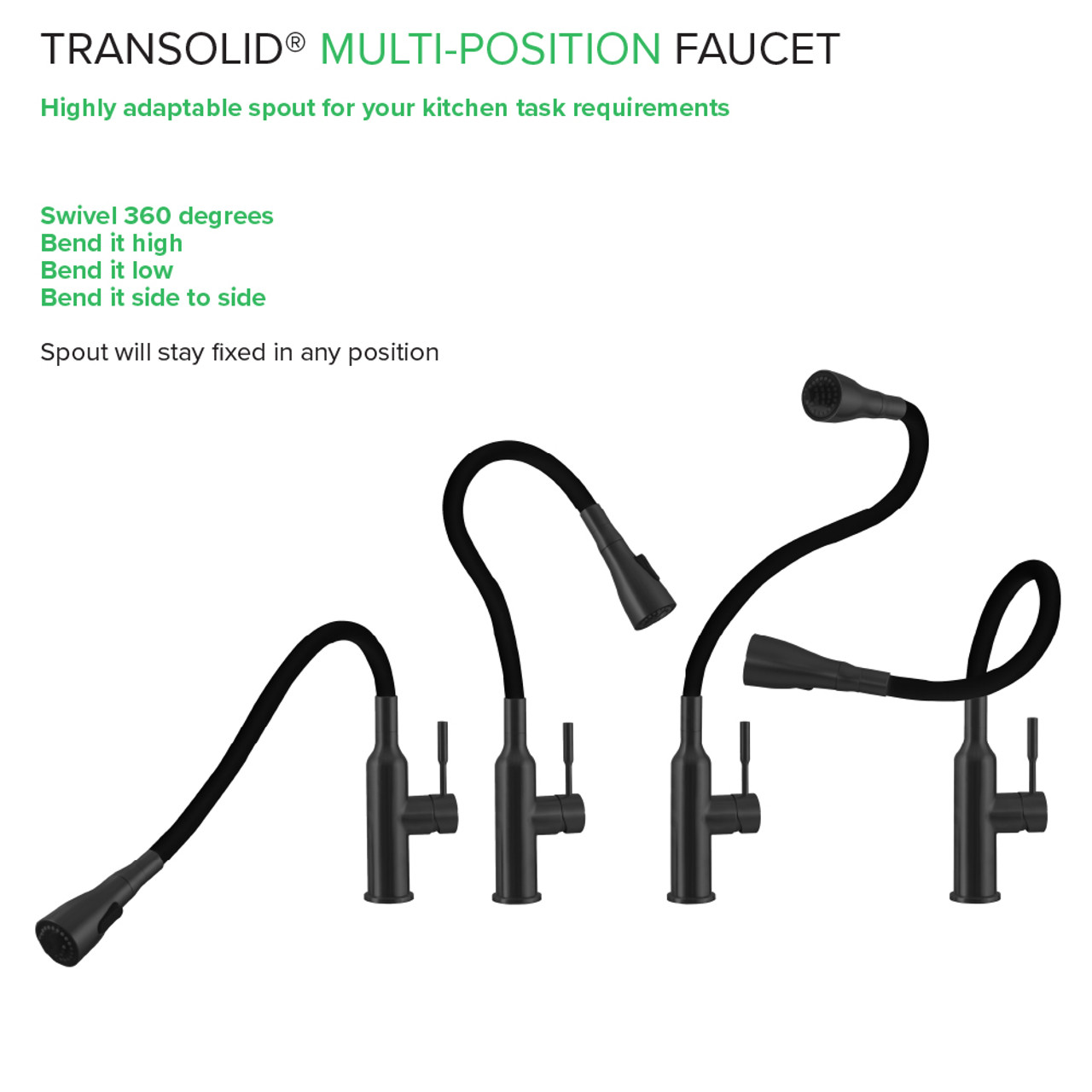 Transolid Kitchen/Laundry Faucet with Dual Spray, Flex Neck, 1.8 GPM, and Garden Hose Adapter in Matte Black