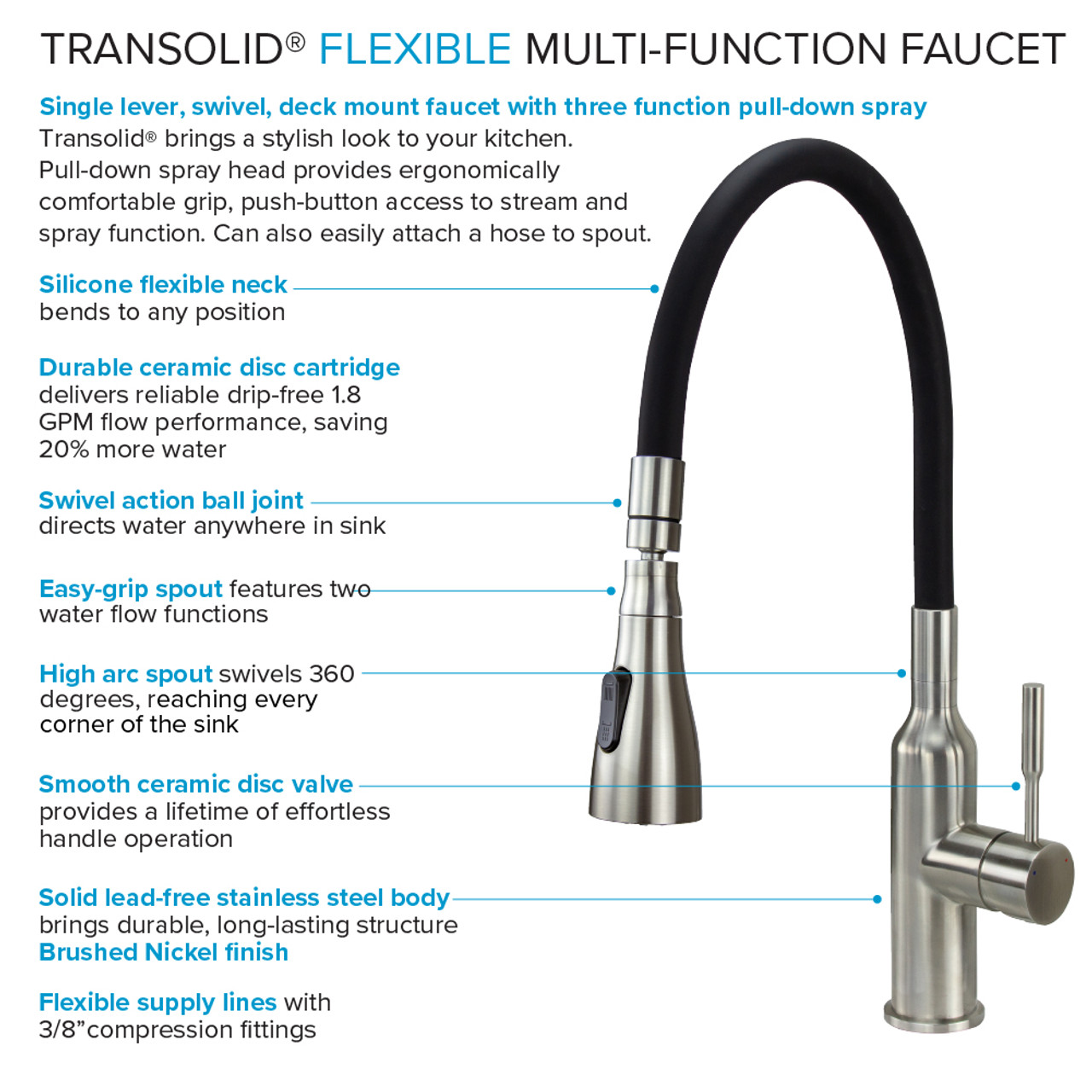 Transolid Kitchen/Laundry Faucet with Swivel Action Ball-Joint, Dual Spray, Flex Neck, 1.8 GPM, and Garden Hose Adapter in Black