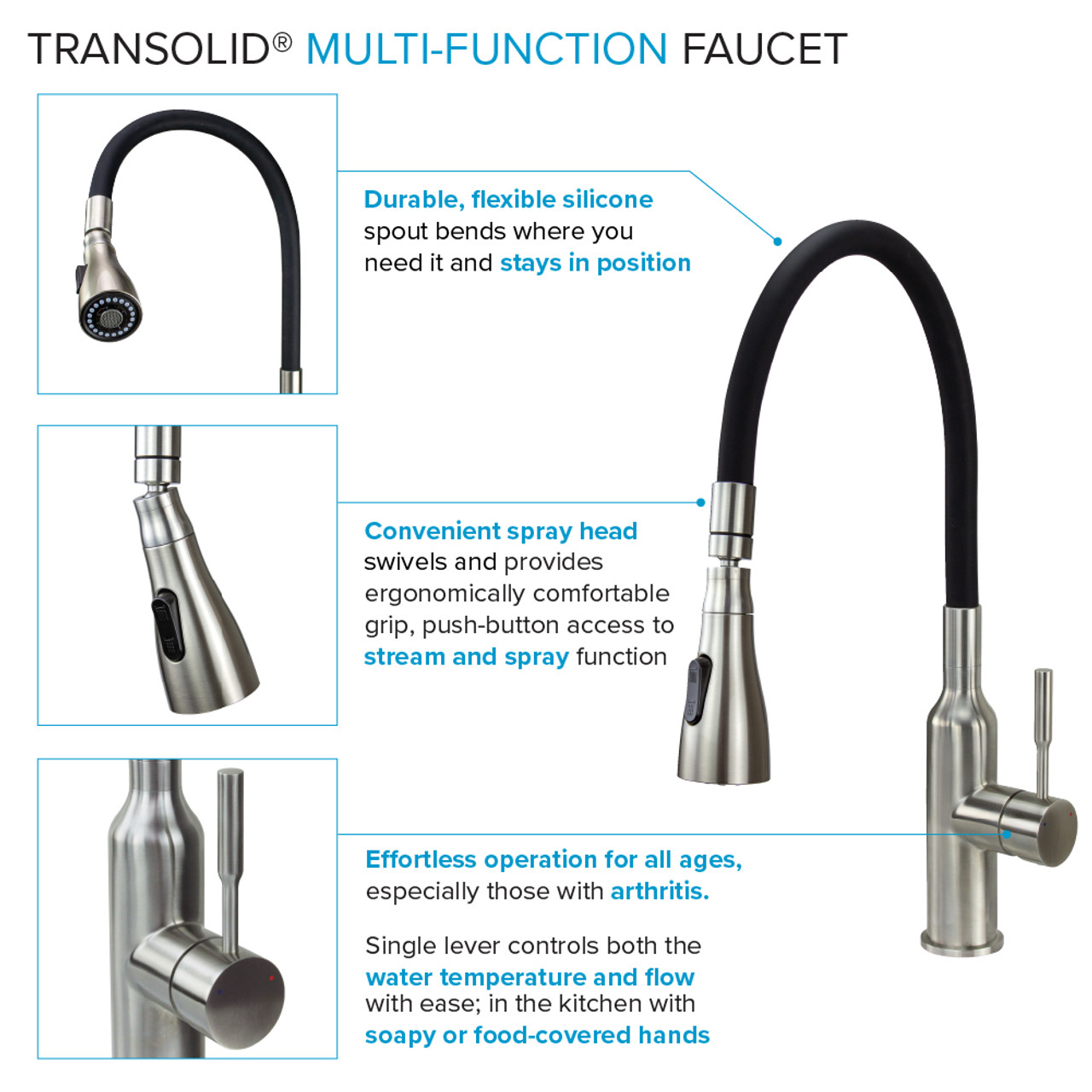 Transolid Kitchen/Laundry Faucet with Swivel Action Ball-Joint, Dual Spray, Flex Neck, 1.8 GPM, and Garden Hose Adapter in Black