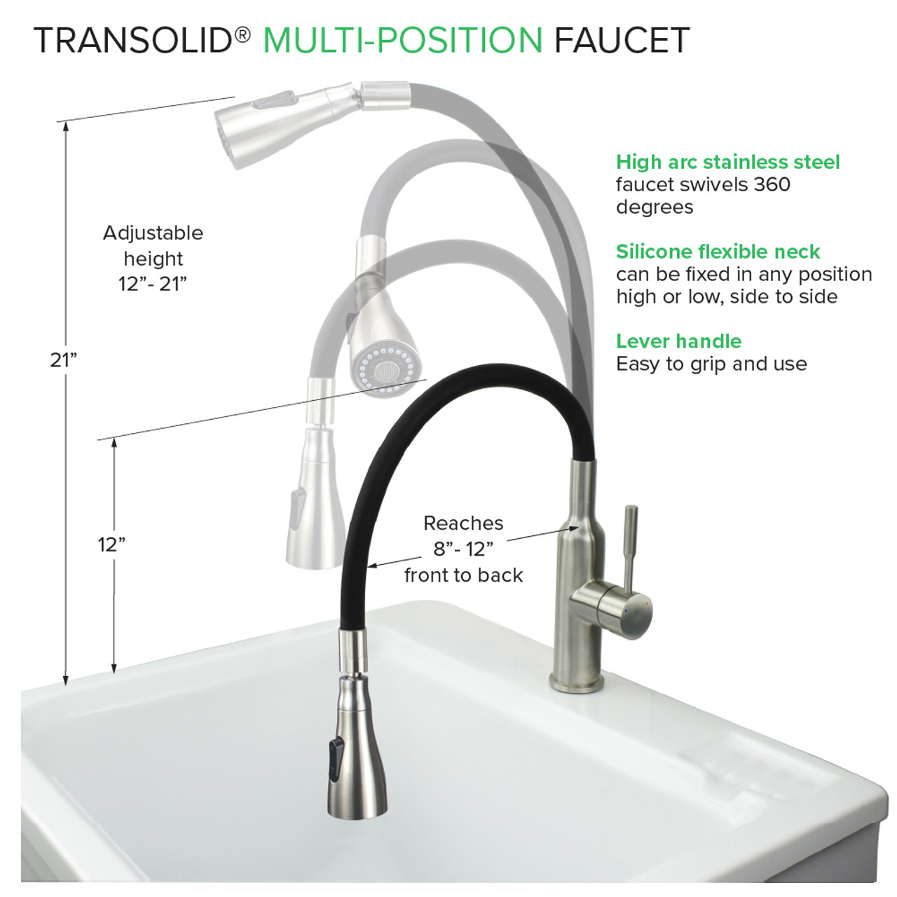 Transolid Kitchen/Laundry Faucet with Swivel Action Ball-Joint, Dual Spray, Flex Neck, 1.8 GPM, and Garden Hose Adapter in Black