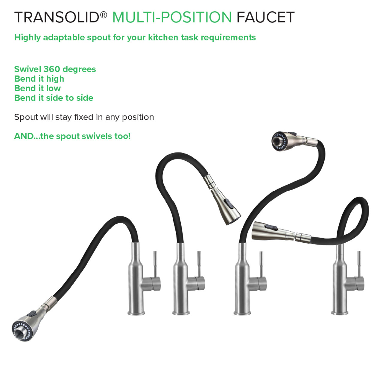 Transolid Kitchen/Laundry Faucet with Swivel Action Ball-Joint, Dual Spray, Flex Neck, 1.8 GPM, and Garden Hose Adapter in Black