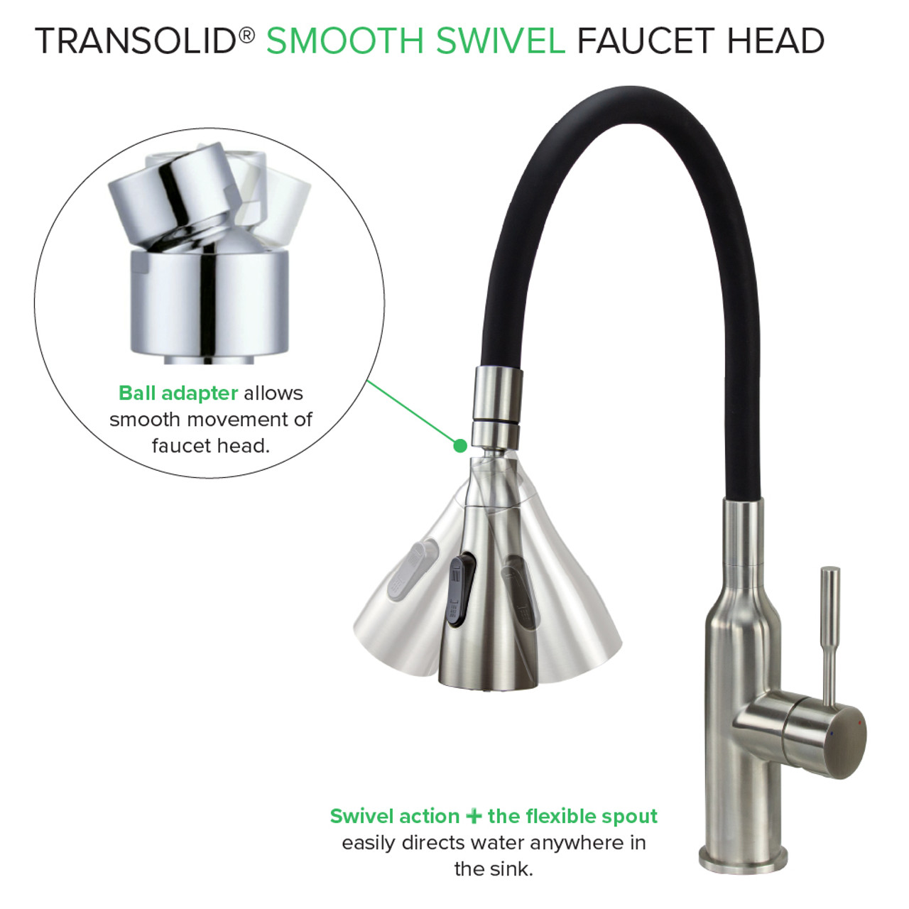 Transolid Kitchen/Laundry Faucet with Swivel Action Ball-Joint, Dual Spray, Flex Neck, 1.8 GPM, and Garden Hose Adapter in Black