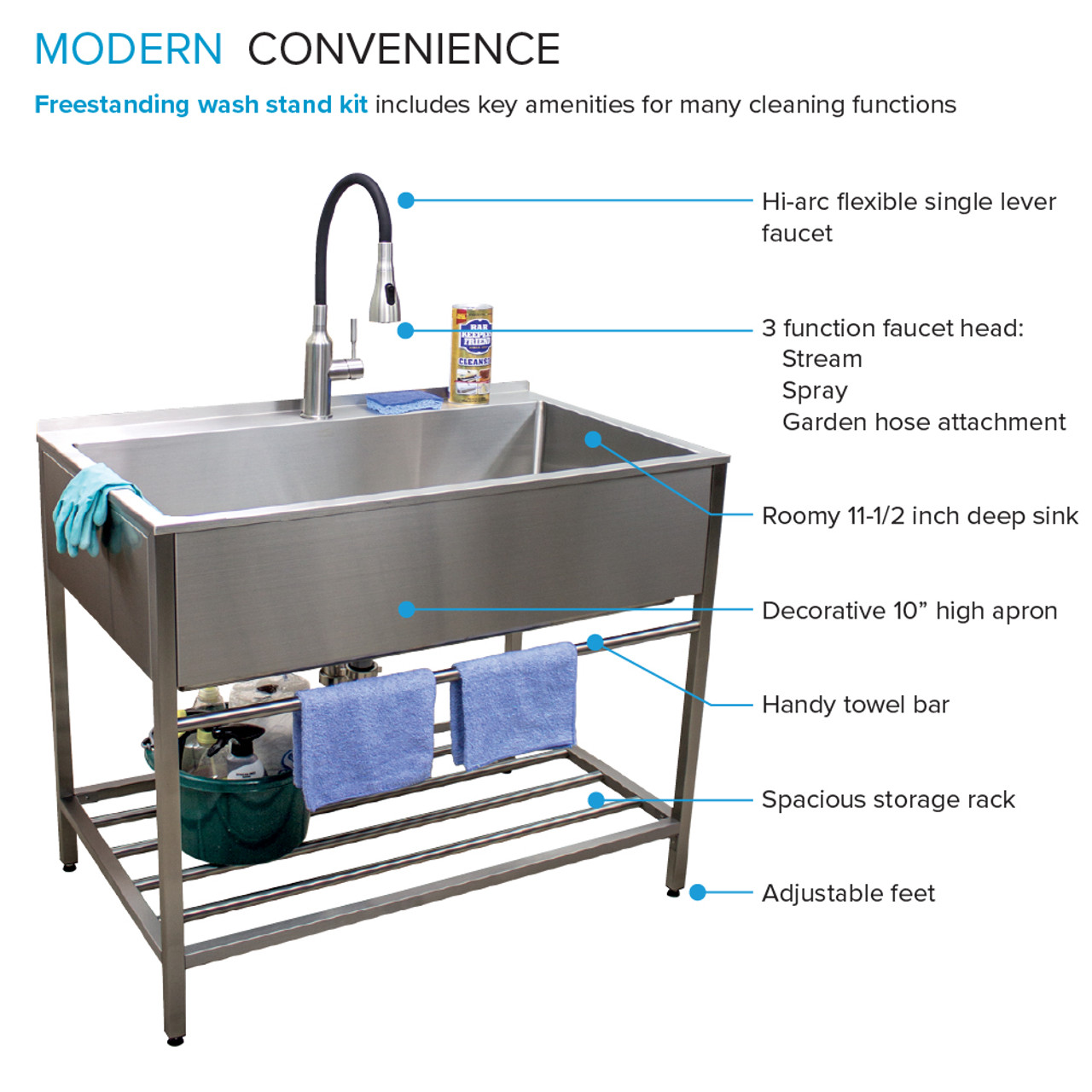 Transolid TFH-3622-SS 36-in. Stainless Steel Laundry Sink with Wash Stand in Brushed Satin