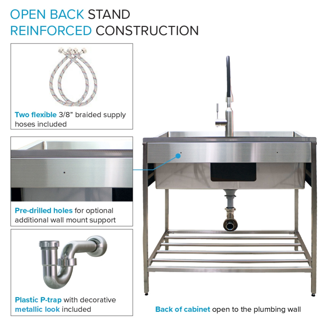 Transolid TFH-3622-SS 36-in. Stainless Steel Laundry Sink with Wash Stand in Brushed Satin