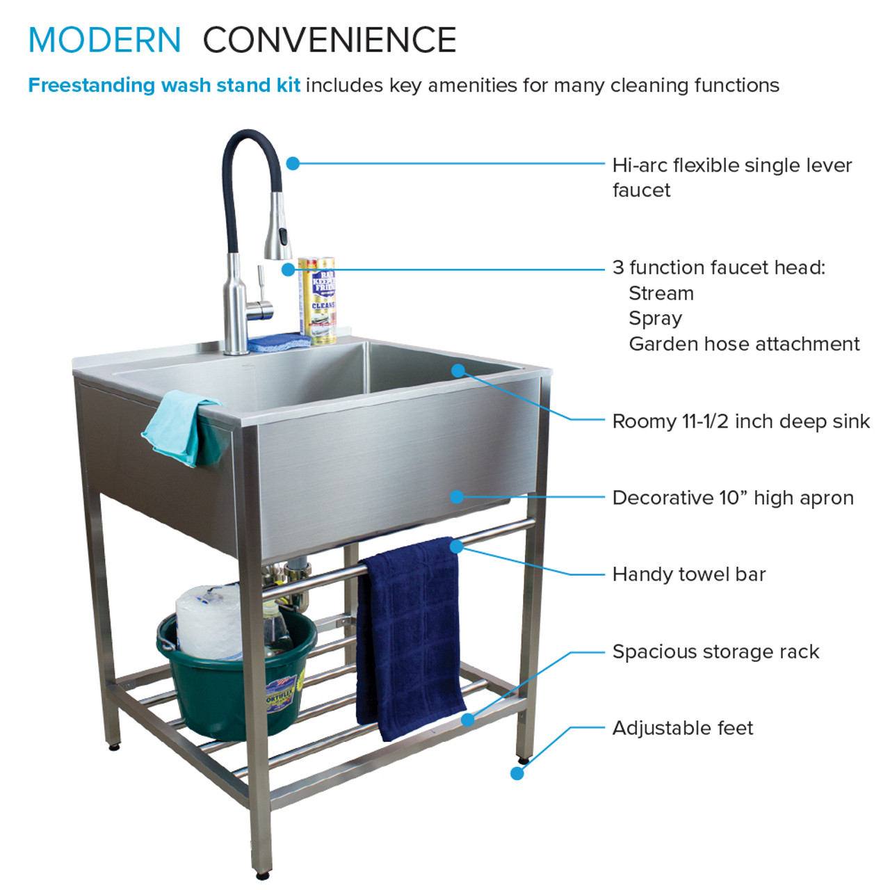 Transolid TFH-2522-SS 25-in. Stainless Steel Laundry Sink with Wash Stand in Brushed Satin