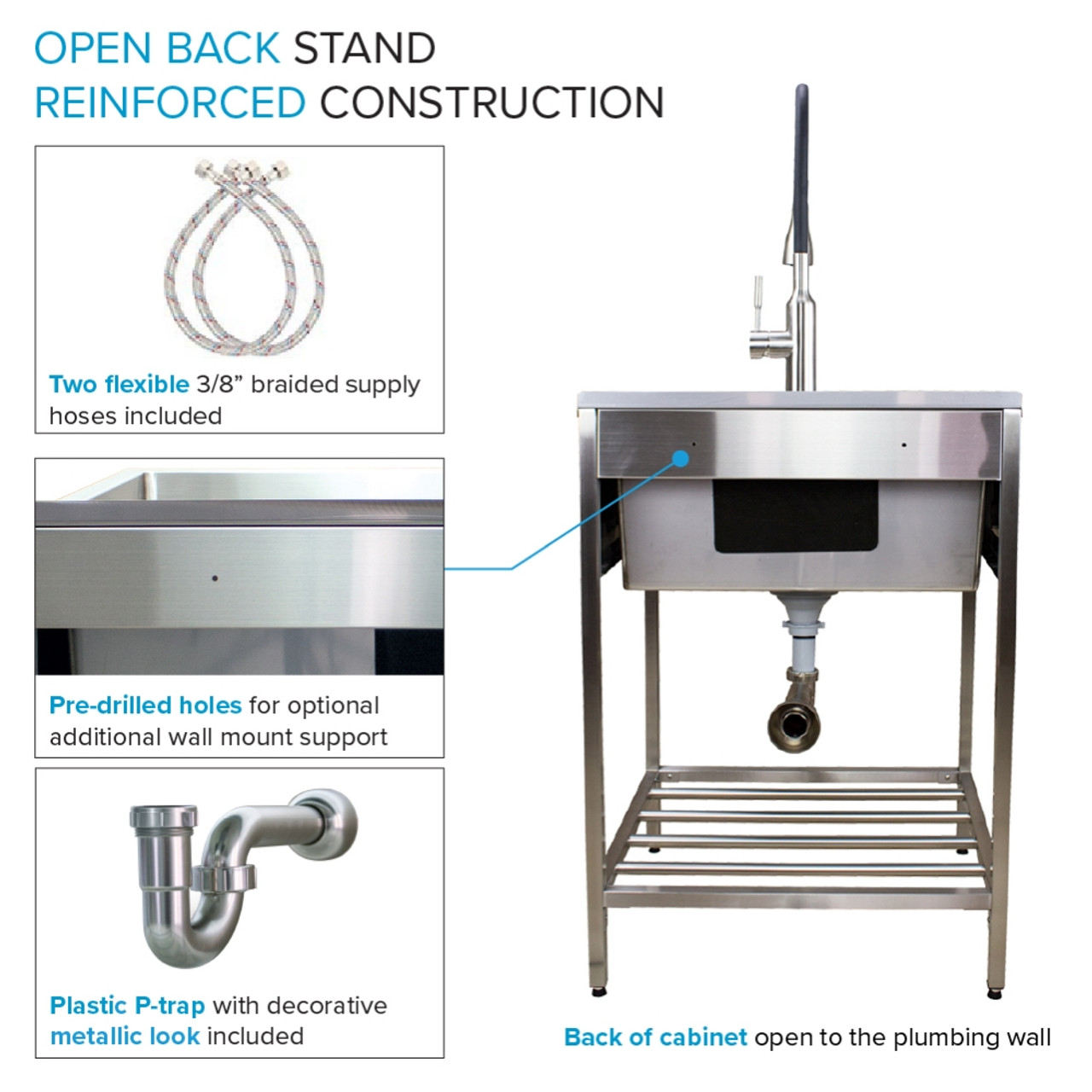 Transolid TFH-2522-SS 25-in. Stainless Steel Laundry Sink with Wash Stand in Brushed Satin