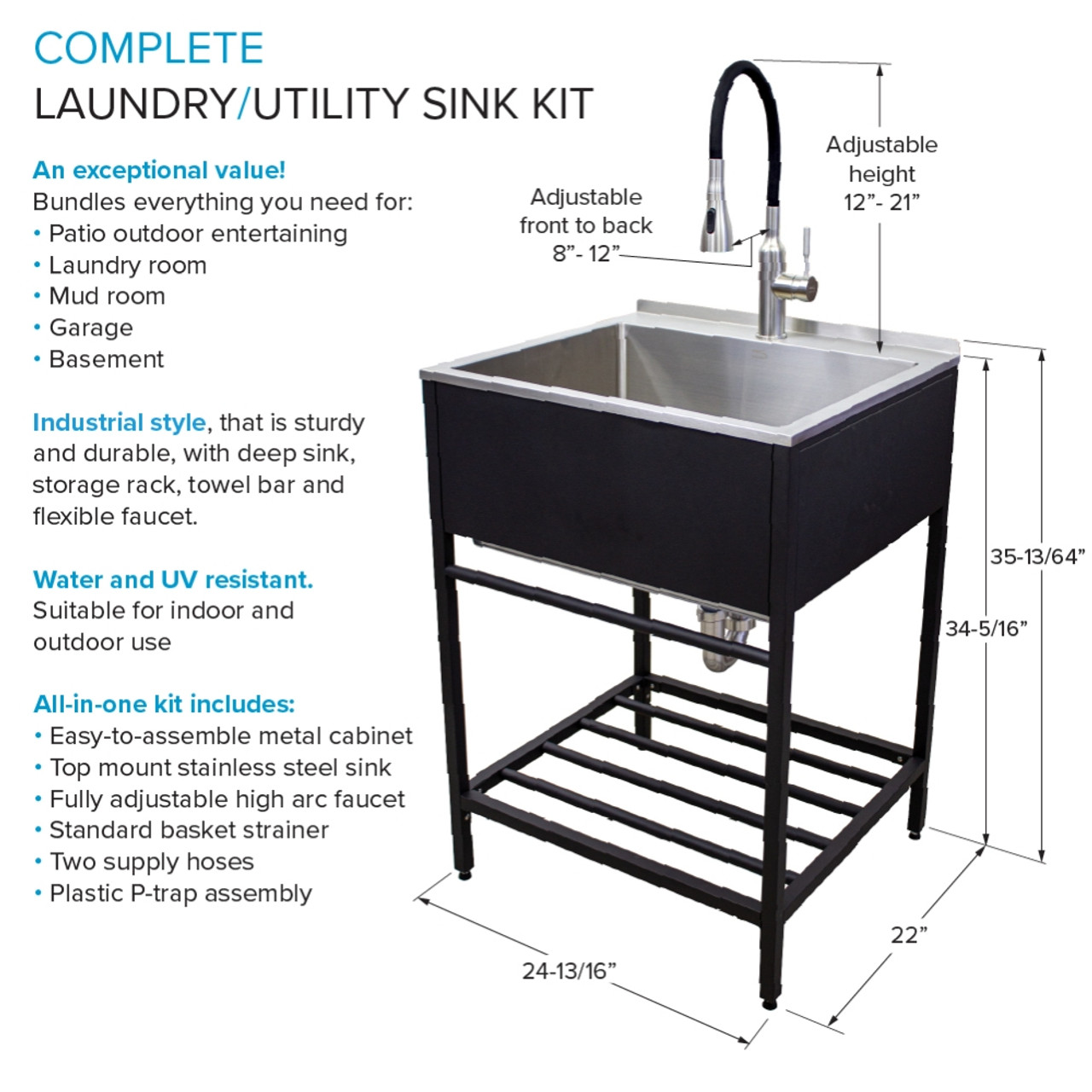 Transolid TFH-2522-MB 25-in. Stainless Steel Laundry Sink with Wash Stand in Matte Black