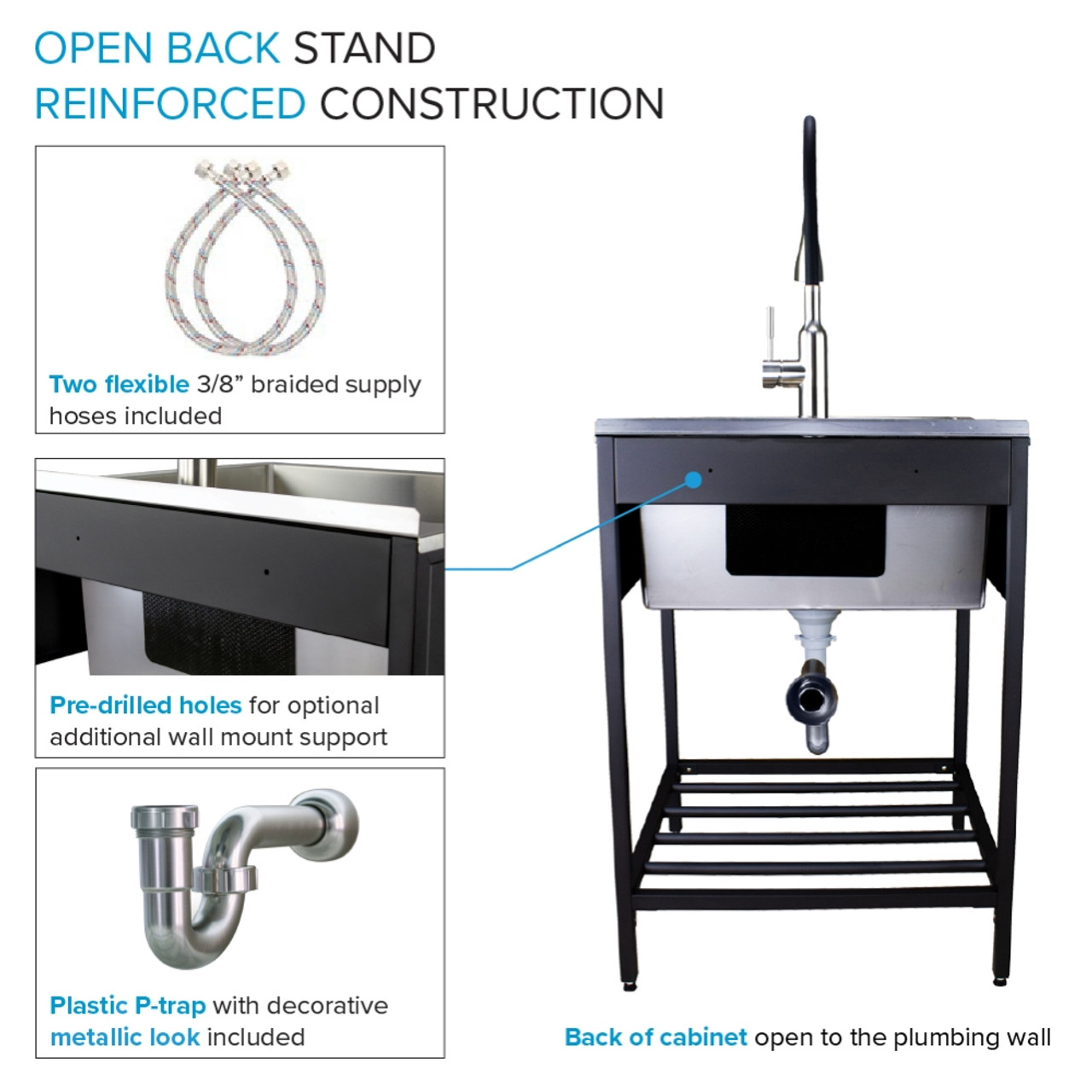 Transolid TFH-2522-MB 25-in. Stainless Steel Laundry Sink with Wash Stand in Matte Black