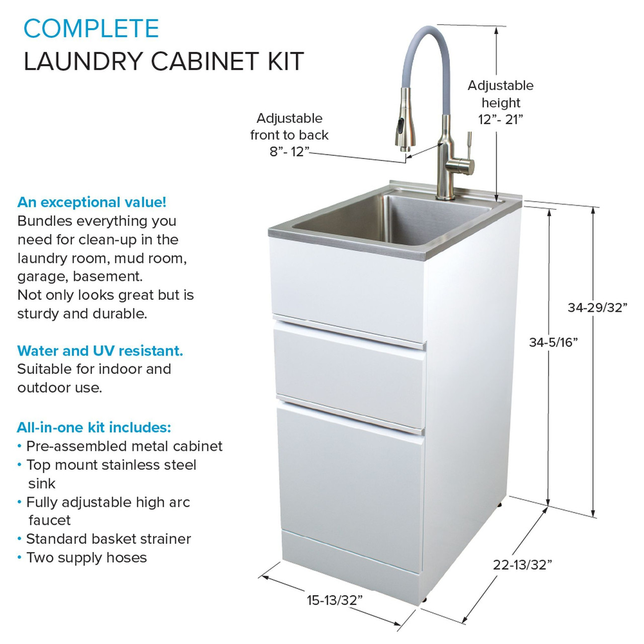 All-in-One 15.5-in x 22.4-in x 34.9-in Metal Drop-In Laundry/Utility Sink and Cabinet in Gloss White