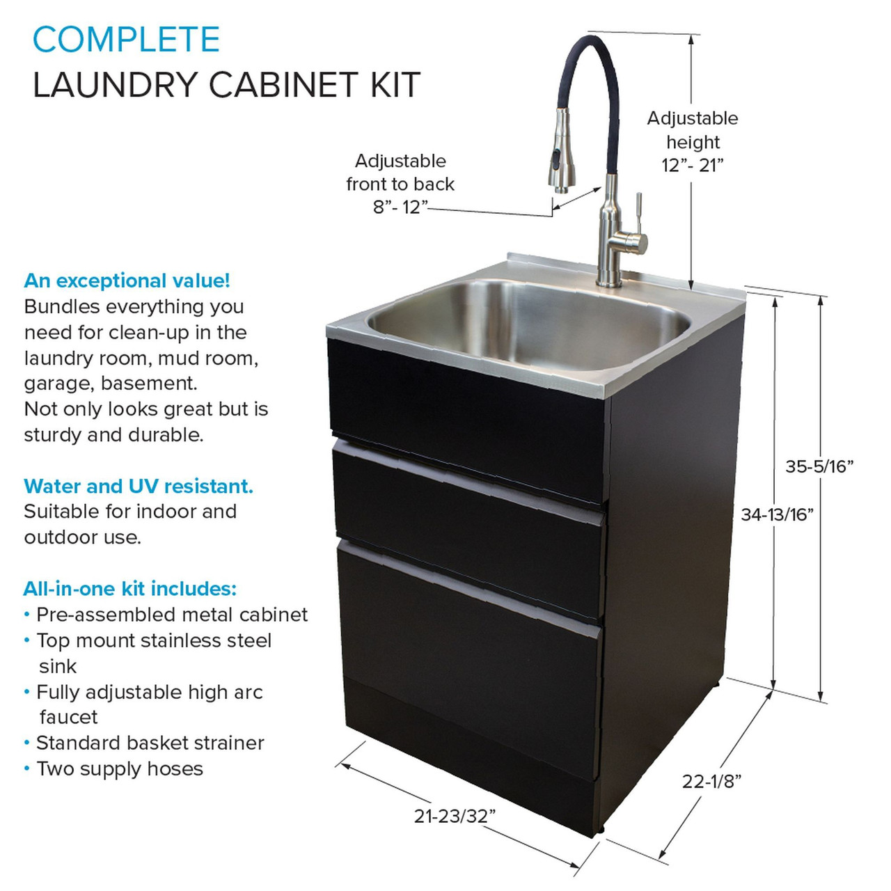 All-in-One 44.8-in x 22-in x 35-in Metal Undermount Laundry/Utility Sink and Cabinet in Matte Black