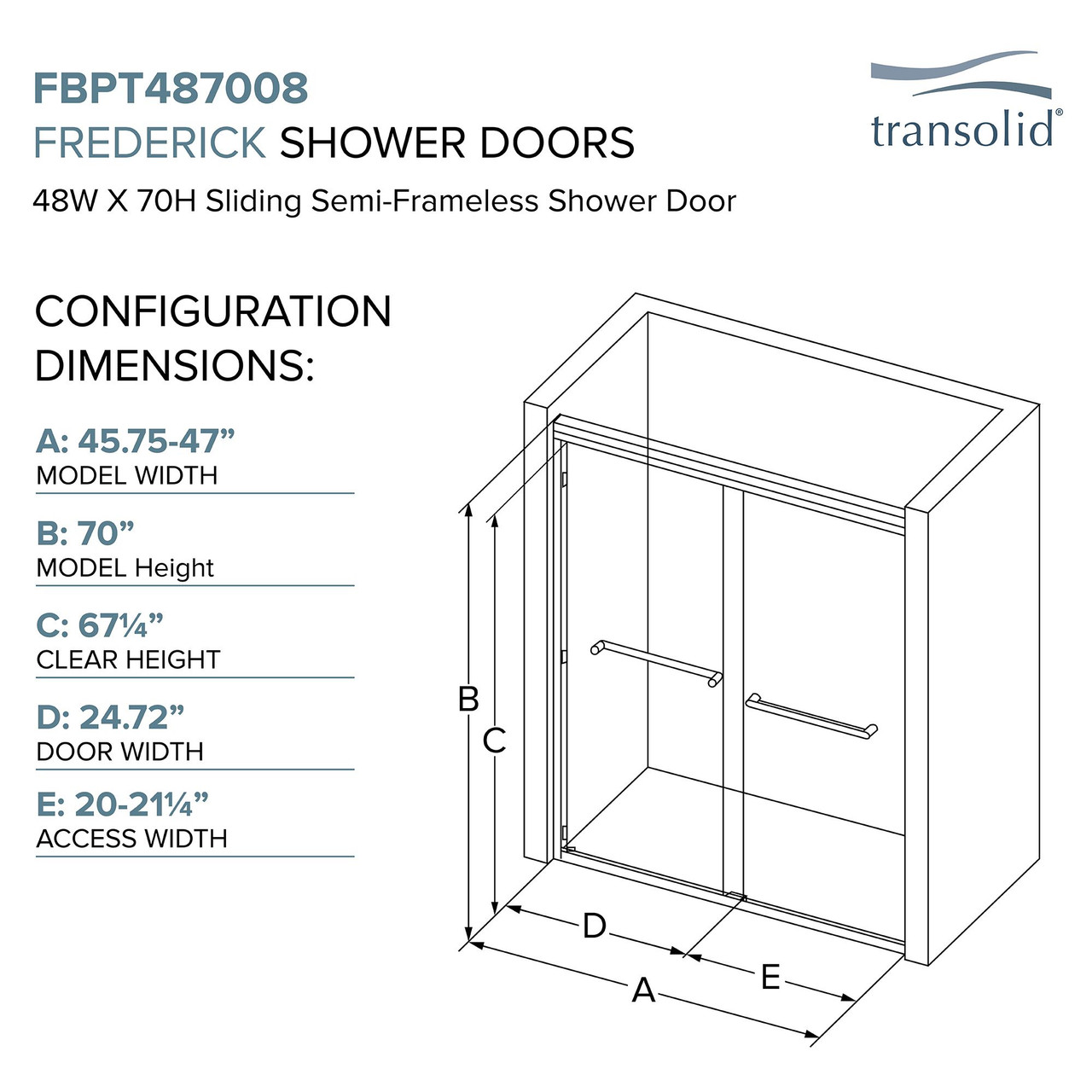 Transolid FBPT487008F-S-MB Frederick 45.75-47 in. W x 70 in. H Semi-Frameless Bypass Shower Door in Matte Black with Frosted Glass