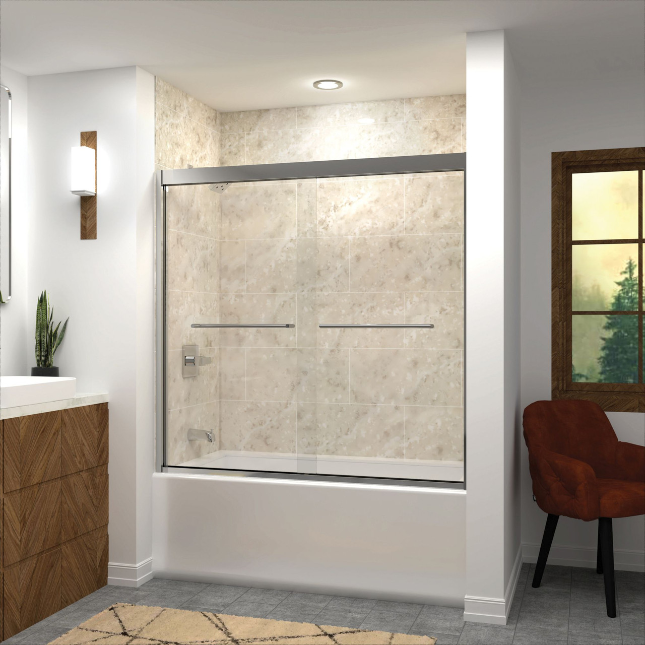 Semi-frameless bypass shower door featuring EXCLUSIVE TruMotion technology in Polished Chrome frame finish with smooth clear glass texture and traditional Turin handles 57-3/4-in to 59-in W x 58-in H