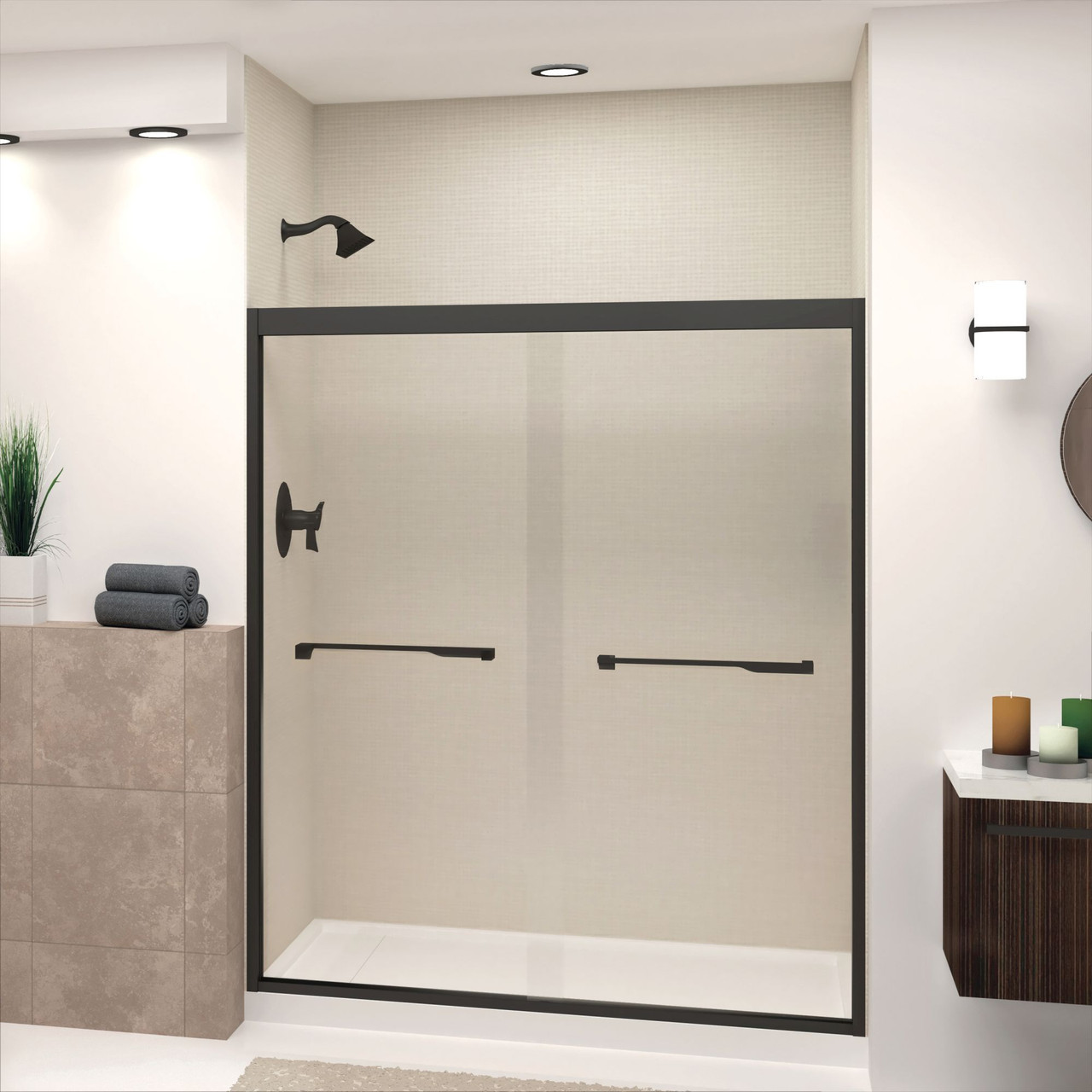 Semi-frameless bypass shower door featuring EXCLUSIVE TruMotion technology in Matte Black frame finish with smooth clear glass texture and rustic Justin handles 57-3/4-in to 59-in W x 70-in H