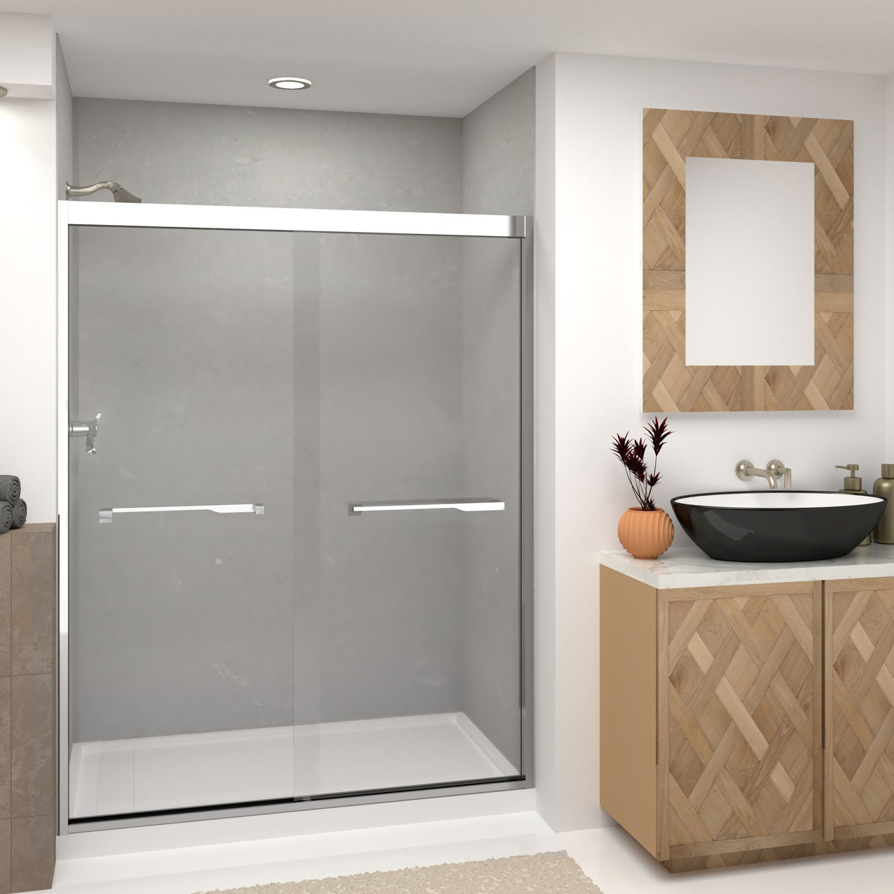 Semi-frameless bypass shower door featuring EXCLUSIVE TruMotion technology in Polished Chrome frame finish with smooth clear glass texture and rustic Justin handles 57-3/4-in to 59-in W x 76-in H
