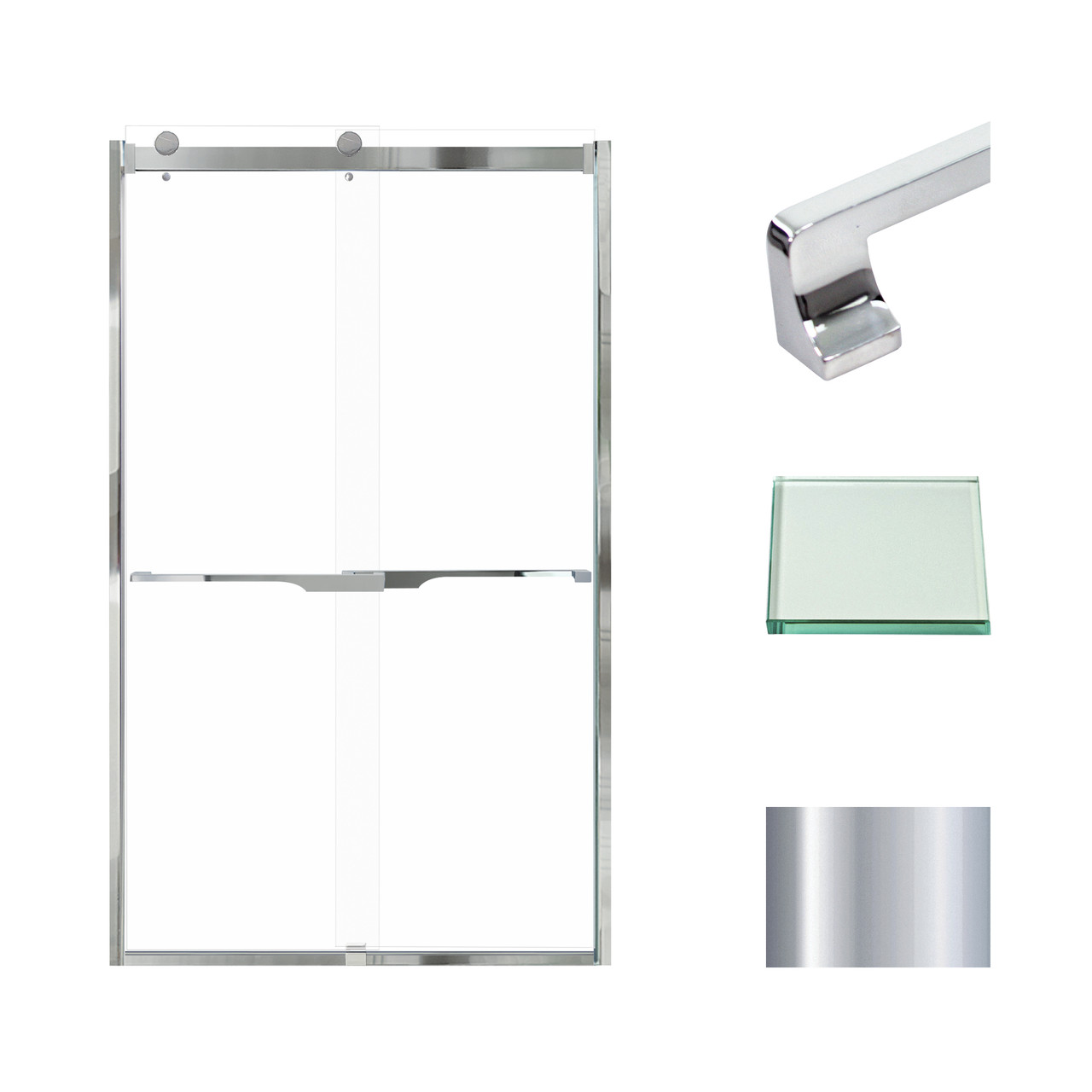 Frameless bypass shower door in polished chrome frame finish with smooth clear glass texture and rustic Justin handles 48-in W x 80-in H