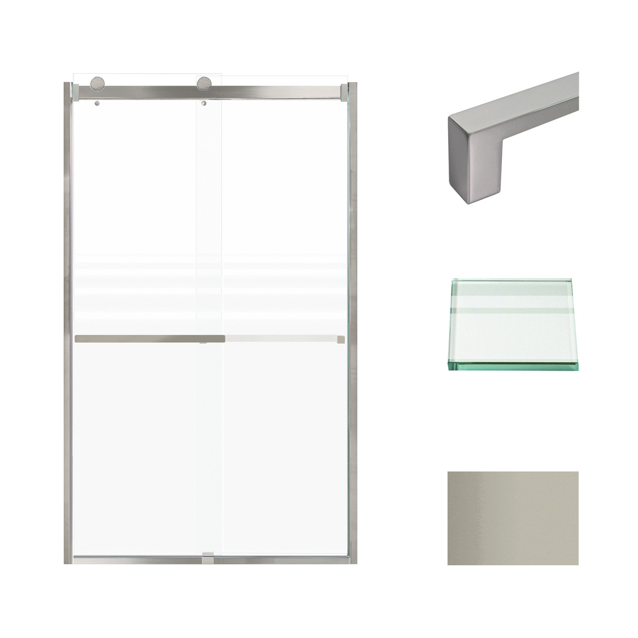 Frameless bypass shower door in brushed stainless frame finish with frosted glass texture and classic Sabrina handles 48-in W x 80-in H