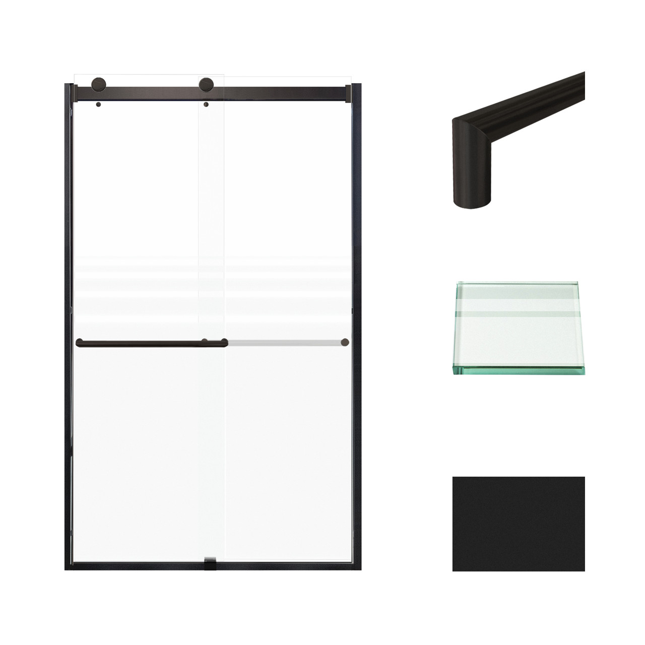 Frameless bypass shower door in matte black frame finish with frosted glass texture and classic Turin handles 48-in W x 80-in H