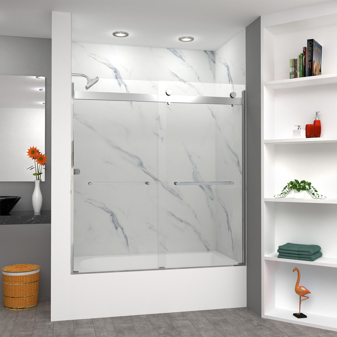 Frameless bypass shower door in polished chrome frame finish with smooth clear glass texture and classic Riley handles 60-in W x 62-in H