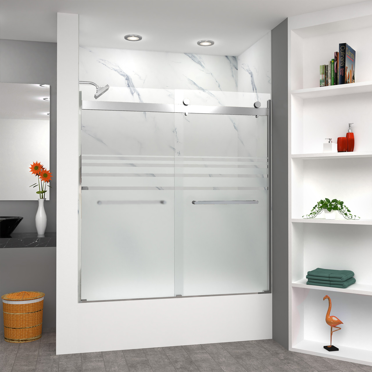 Frameless bypass shower door in polished chrome frame finish with frosted glass texture and classic Riley handles 60-in W x 62-in H