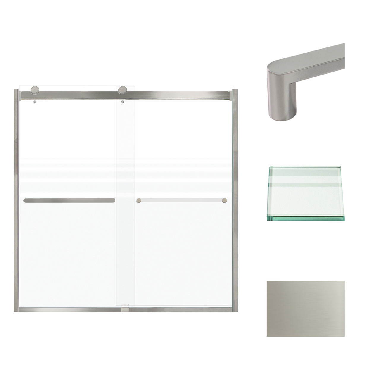 Frameless bypass shower door in brushed stainless frame finish with frosted glass texture and classic Riley handles 60-in W x 62-in H