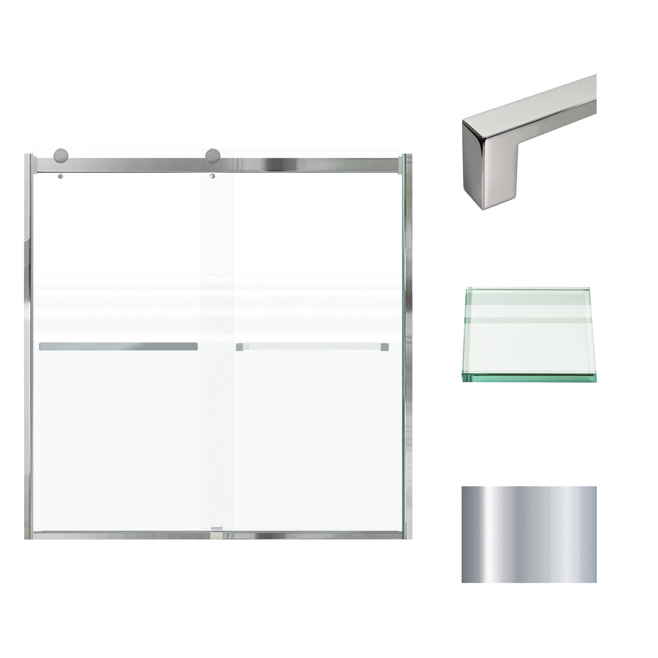 Frameless bypass shower door in polished chrome frame finish with frosted glass texture and classic Sabrina handles 60-in W x 62-in H