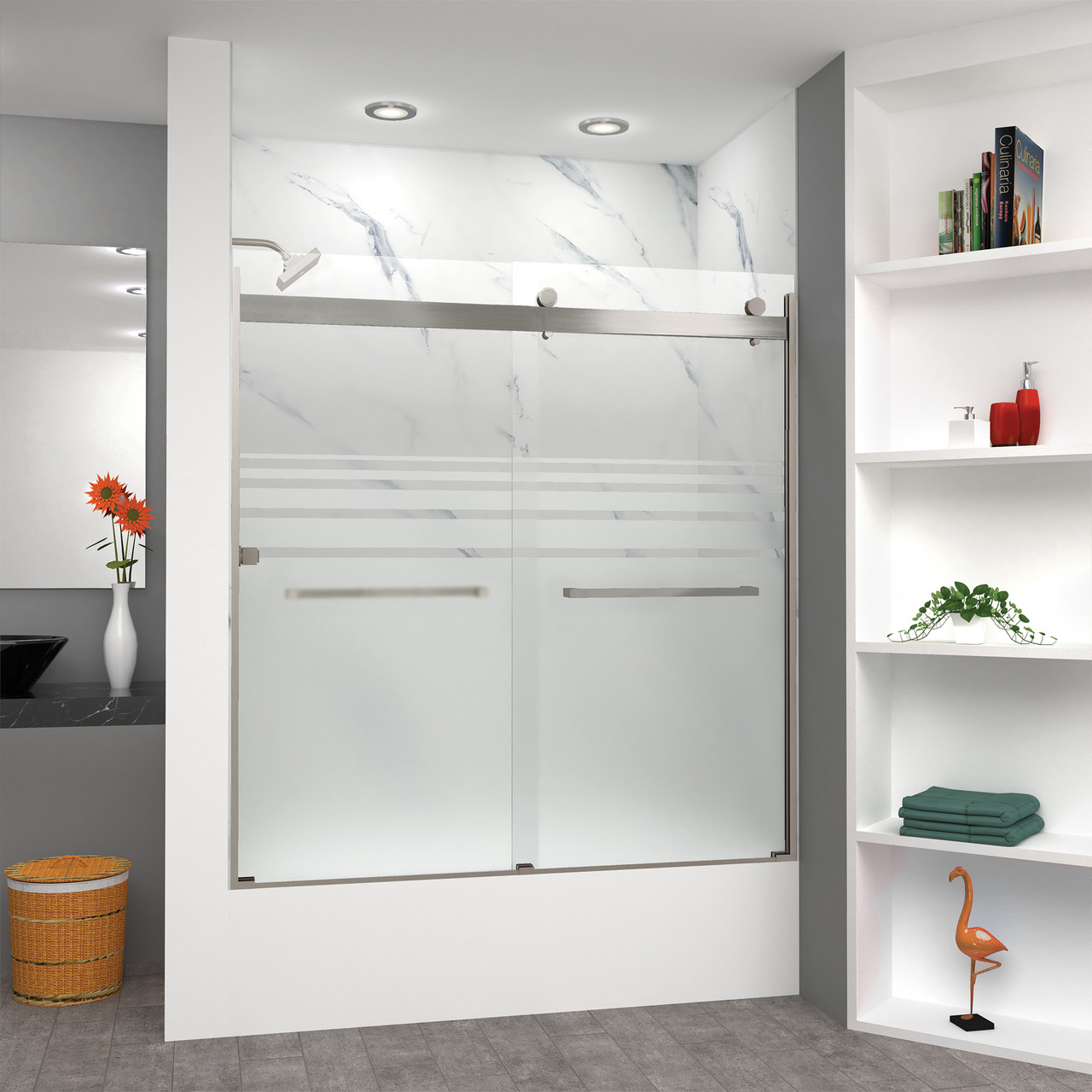 Frameless bypass shower door in brushed stainless frame finish with frosted glass texture and classic Sabrina handles 60-in W x 62-in H