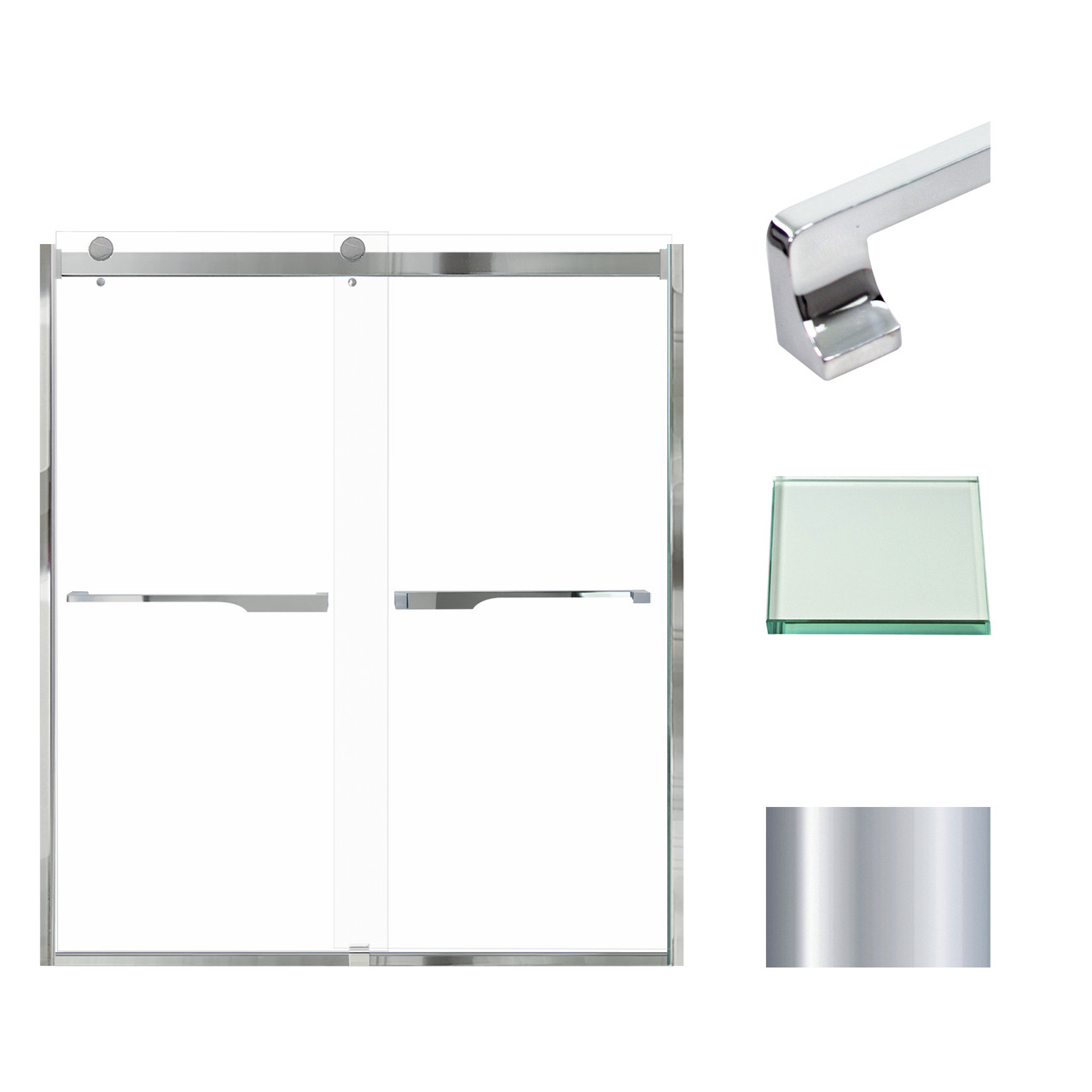 Frameless bypass shower door in polished chrome frame finish with smooth clear glass texture and rustic Justin handles 60-in W x 70-in H