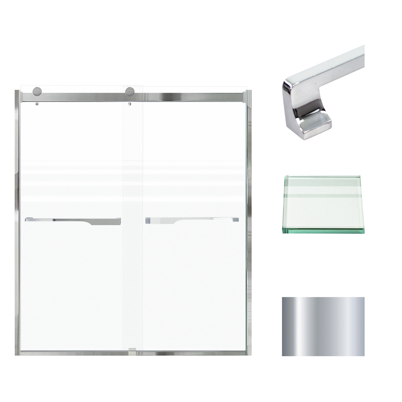 Frameless bypass shower door in polished chrome frame finish with frosted glass texture and rustic Justin handles 60-in W x 70-in H