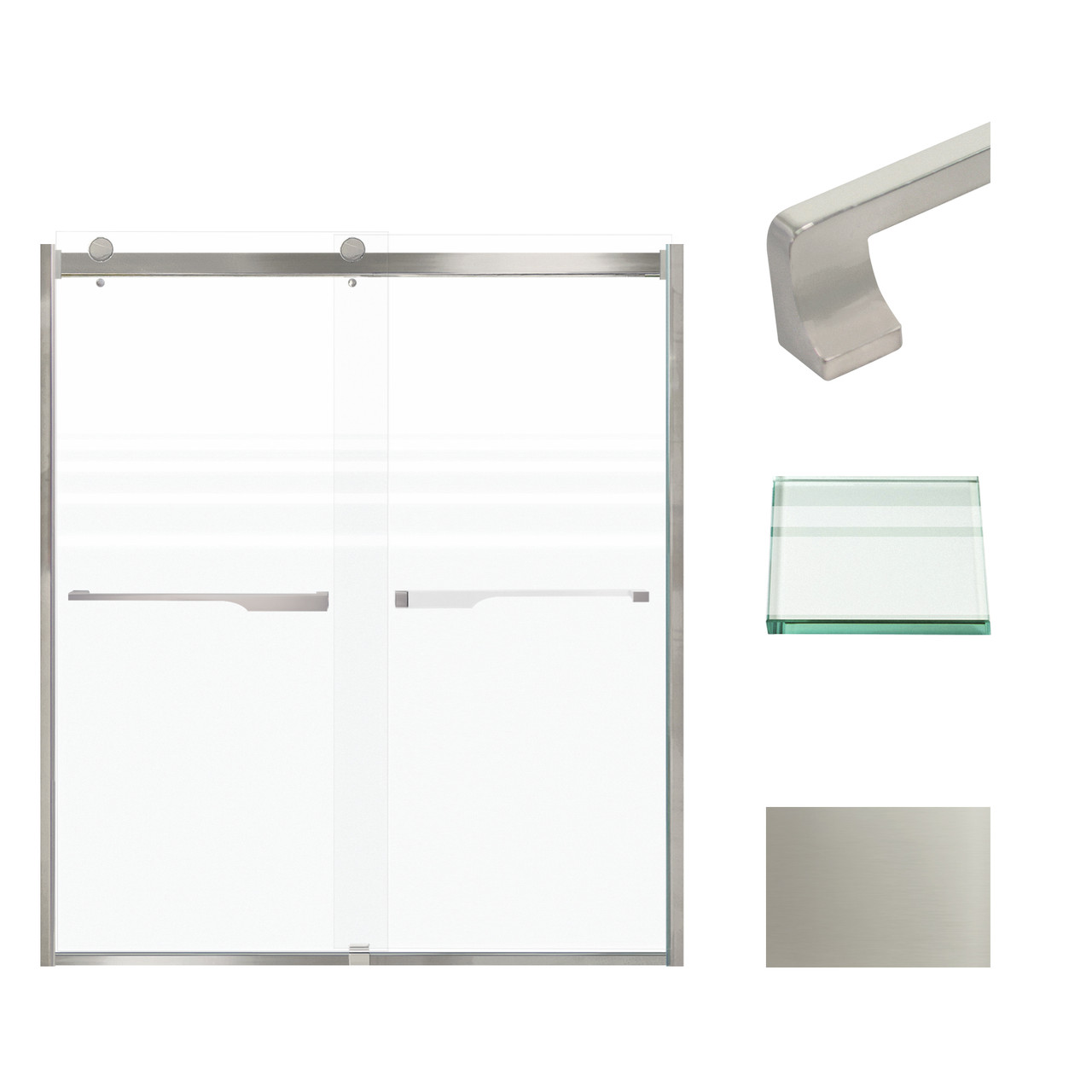 Frameless bypass shower door in brushed stainless frame finish with frosted glass texture and rustic Justin handles 60-in W x 70-in H