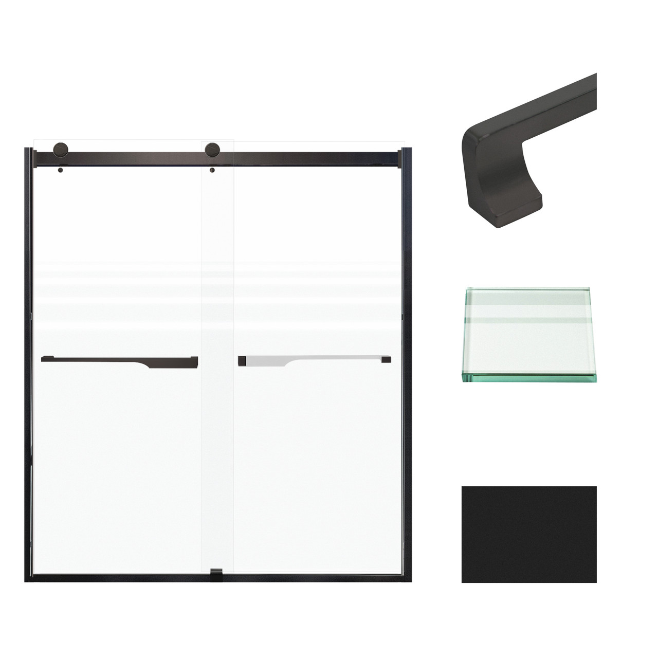 Frameless bypass shower door in matte black frame finish with frosted glass texture and rustic Justin handles 60-in W x 70-in H