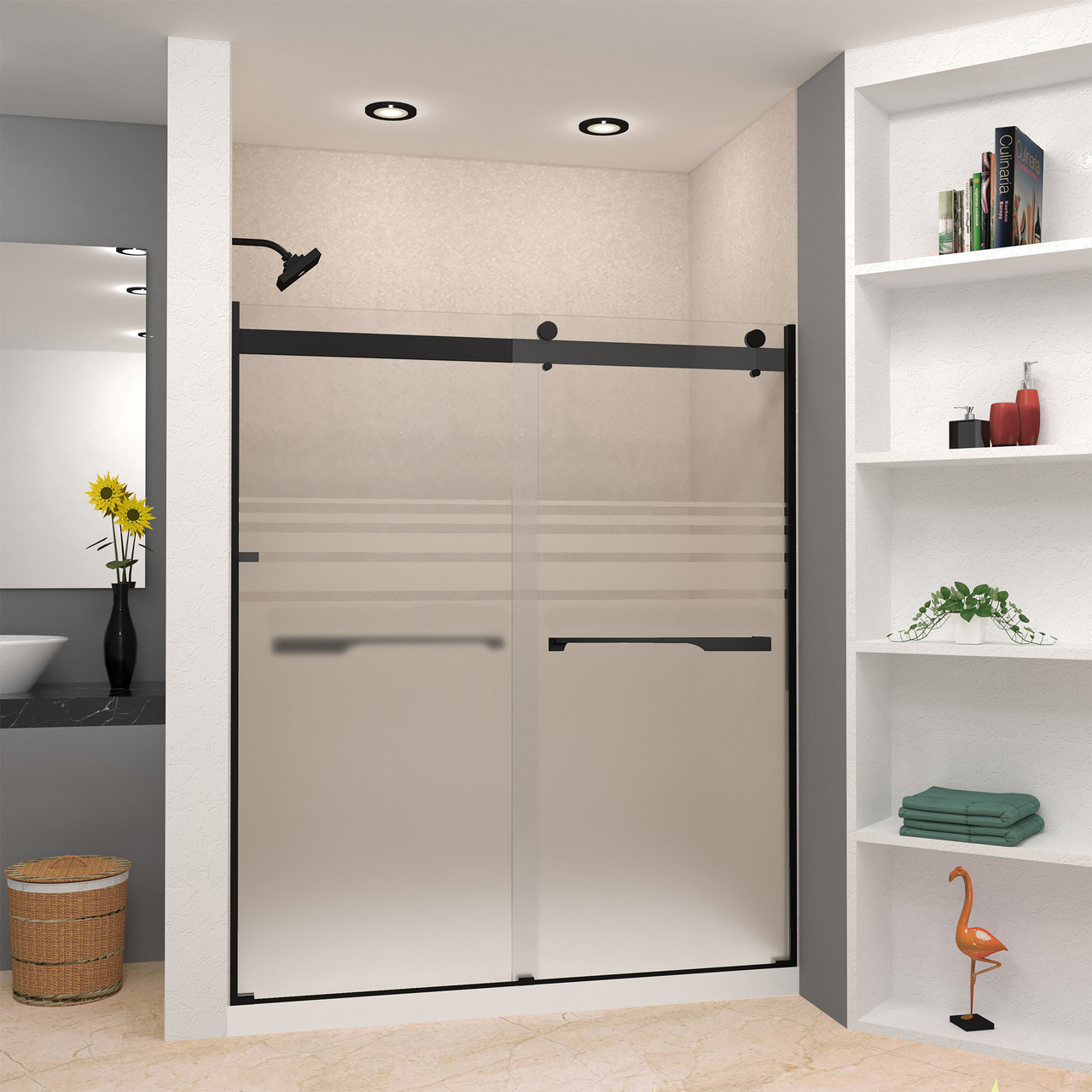 Frameless bypass shower door in matte black frame finish with frosted glass texture and rustic Justin handles 60-in W x 70-in H