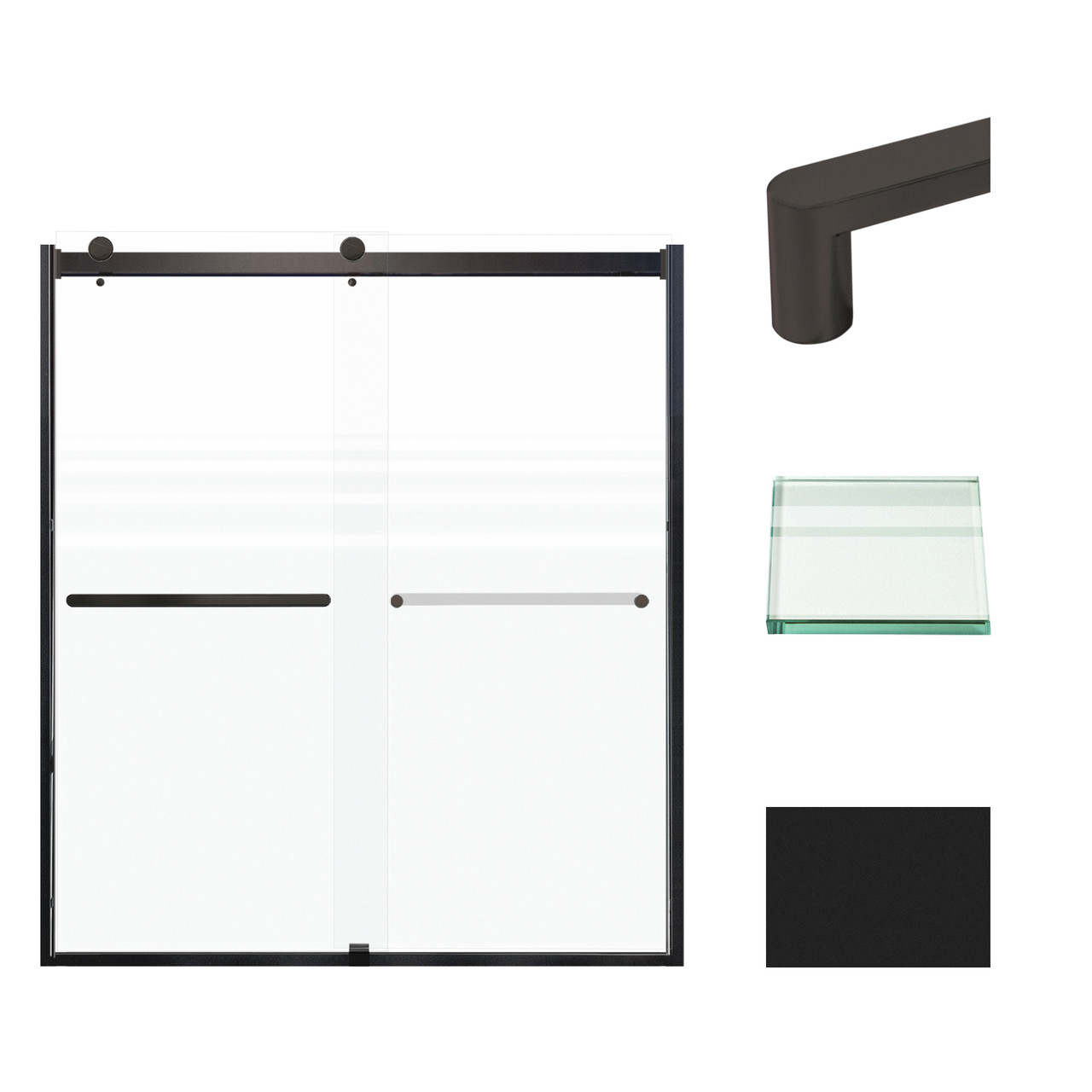 Frameless bypass shower door in matte black frame finish with frosted glass texture and classic Riley handles 60-in W x 70-in H