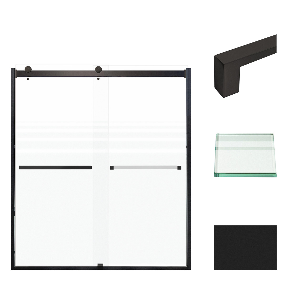 Frameless bypass shower door in matte black frame finish with frosted glass texture and classic Sabrina handles 60-in W x 70-in H