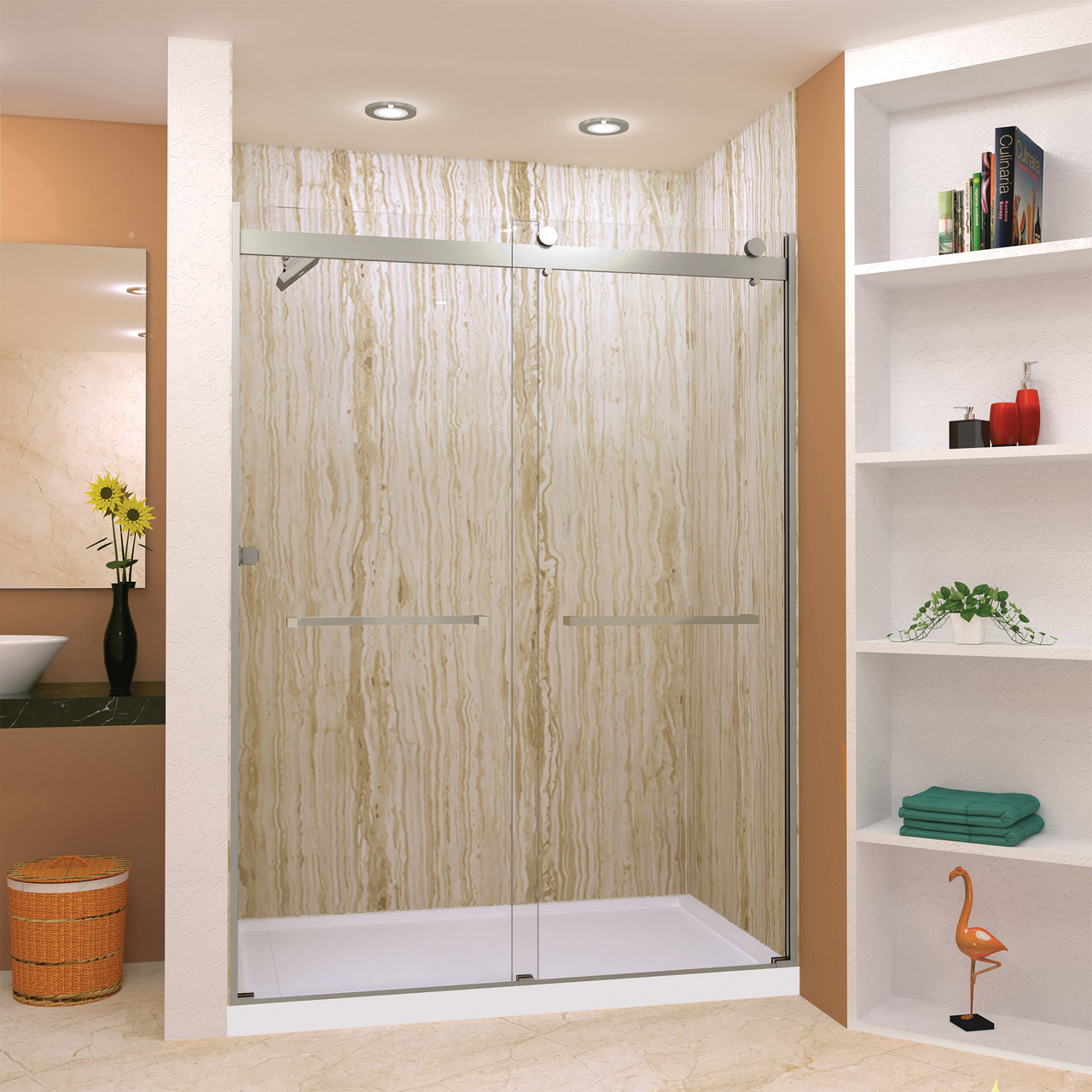 Frameless bypass shower door in brushed stainless frame finish with smooth clear glass texture and classic Sabrina handles 60-in W x 80-in H