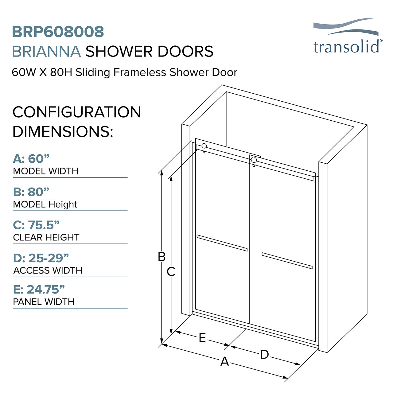 Frameless bypass shower door in brushed stainless frame finish with smooth clear glass texture and classic Sabrina handles 60-in W x 80-in H