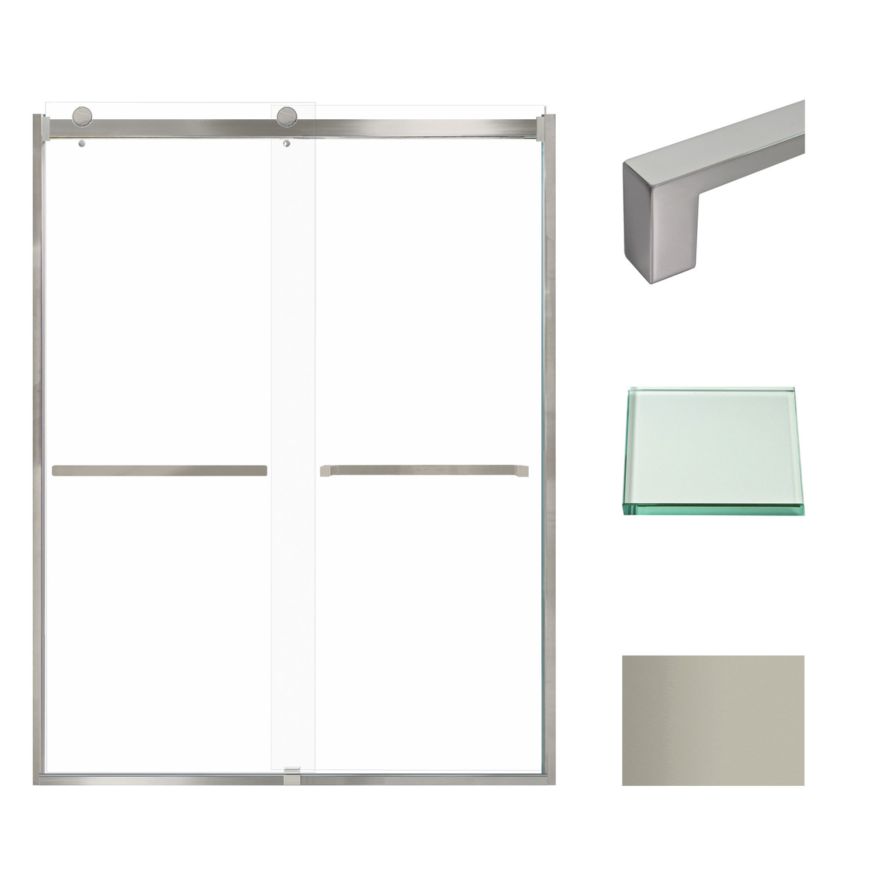 Frameless bypass shower door in brushed stainless frame finish with smooth clear glass texture and classic Sabrina handles 60-in W x 80-in H