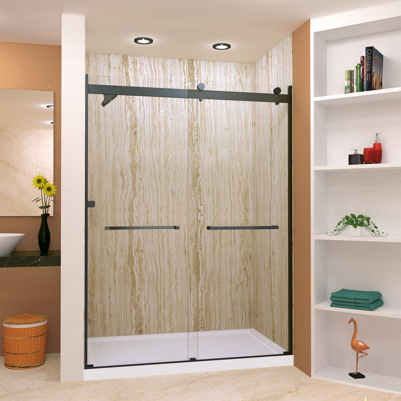 Frameless bypass shower door in matte black frame finish with smooth clear glass texture and classic Sabrina handles 60-in W x 80-in H