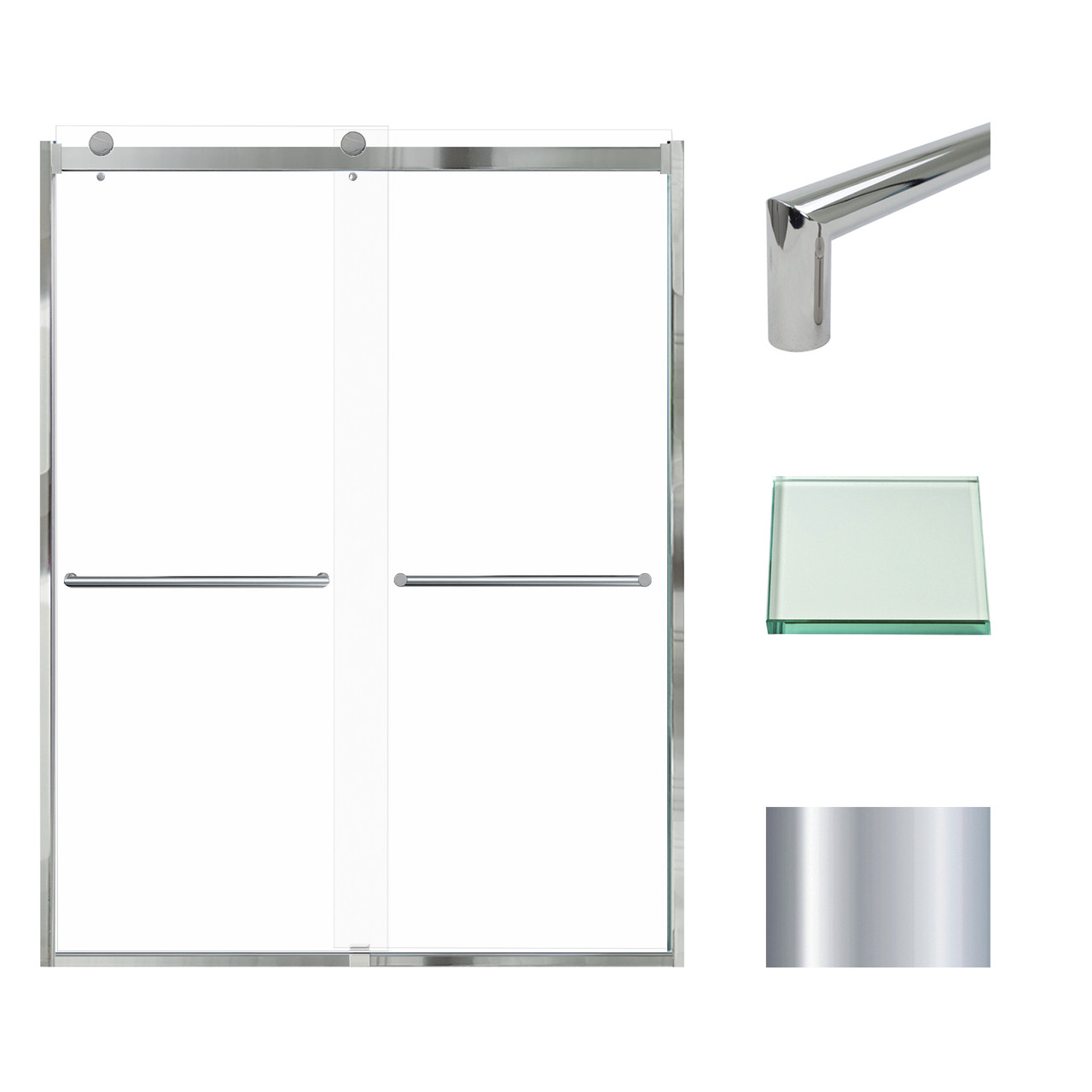 Frameless bypass shower door in polished chrome frame finish with smooth clear glass texture and classic Turin handles 60-in W x 80-in H