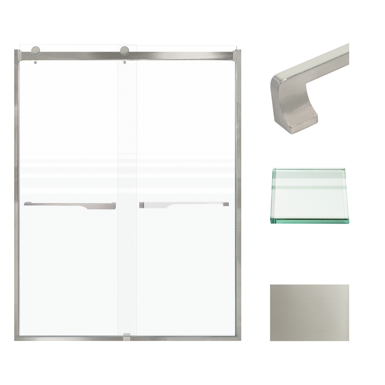 Frameless bypass shower door in brushed stainless frame finish with frosted glass texture and rustic Justin handles 60-in W x 80-in H