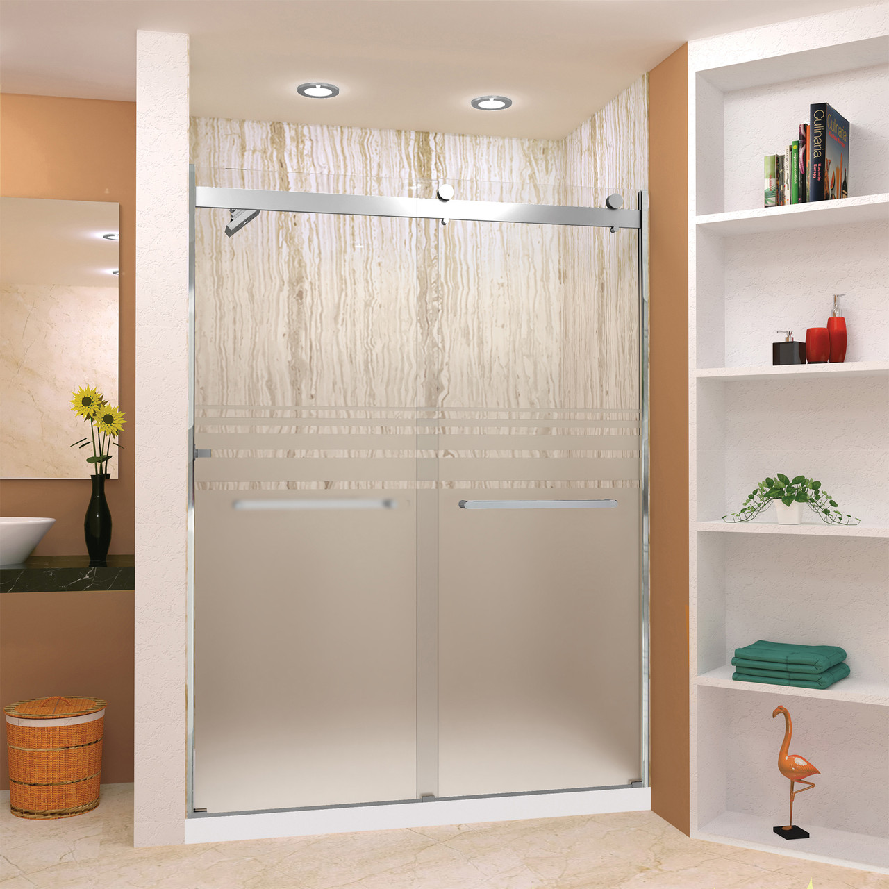Frameless bypass shower door in polished chrome frame finish with frosted glass texture and classic Riley handles 60-in W x 80-in H