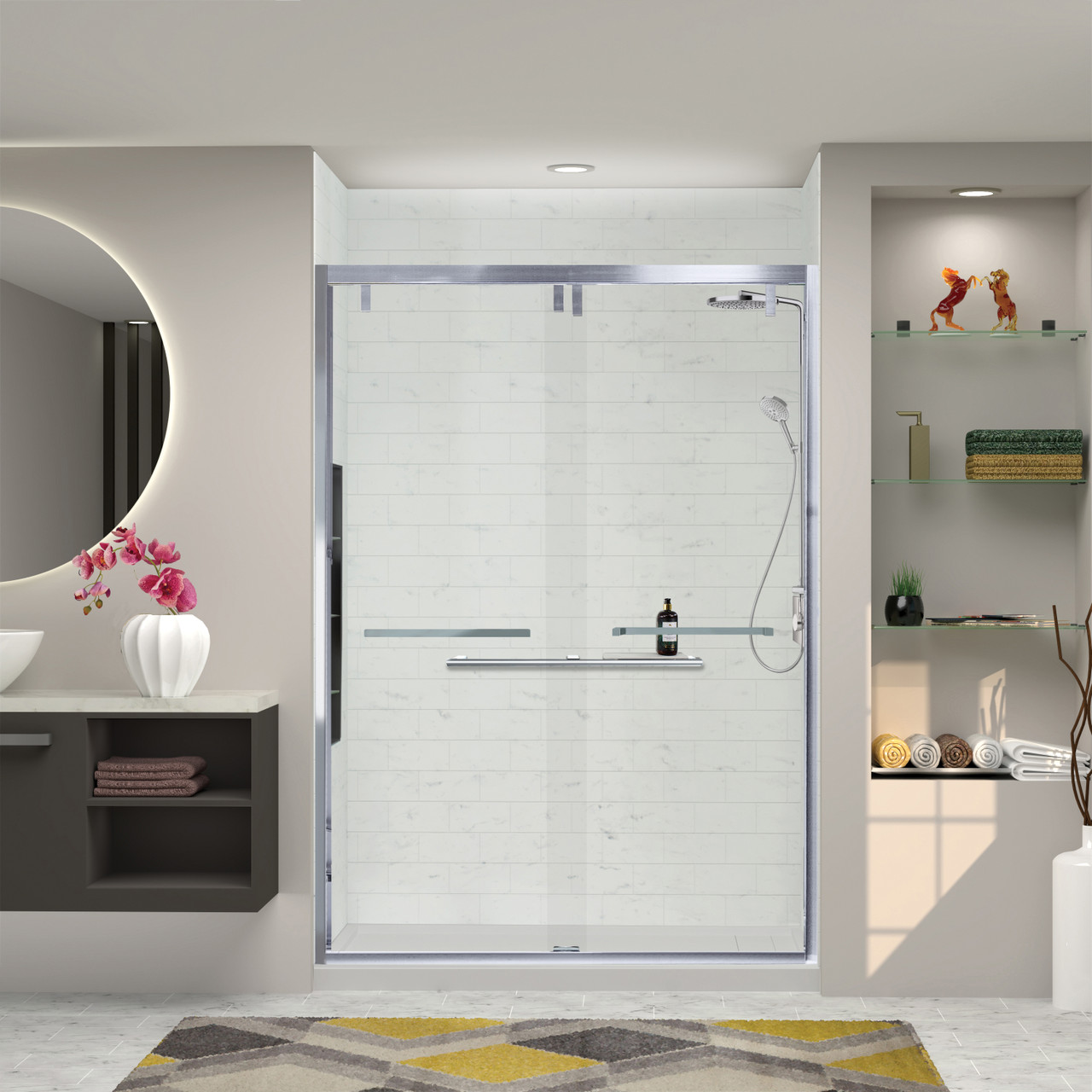 Semi-frameless bypass shower door with a polished chrome frame and a clear glass texture with Sabrina handles 56-60-in W x 80-in H