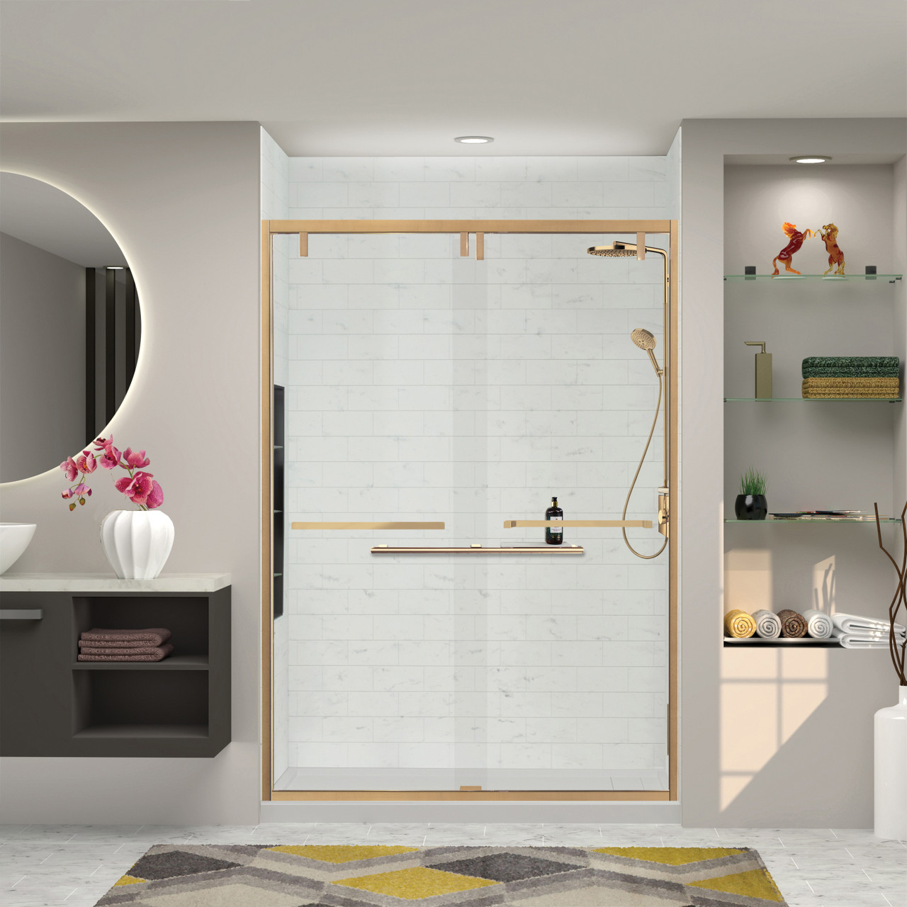 Semi-frameless bypass shower door with a champagne bronze frame and a clear glass texture with Sabrina handles 56-60-in W x 80-in H